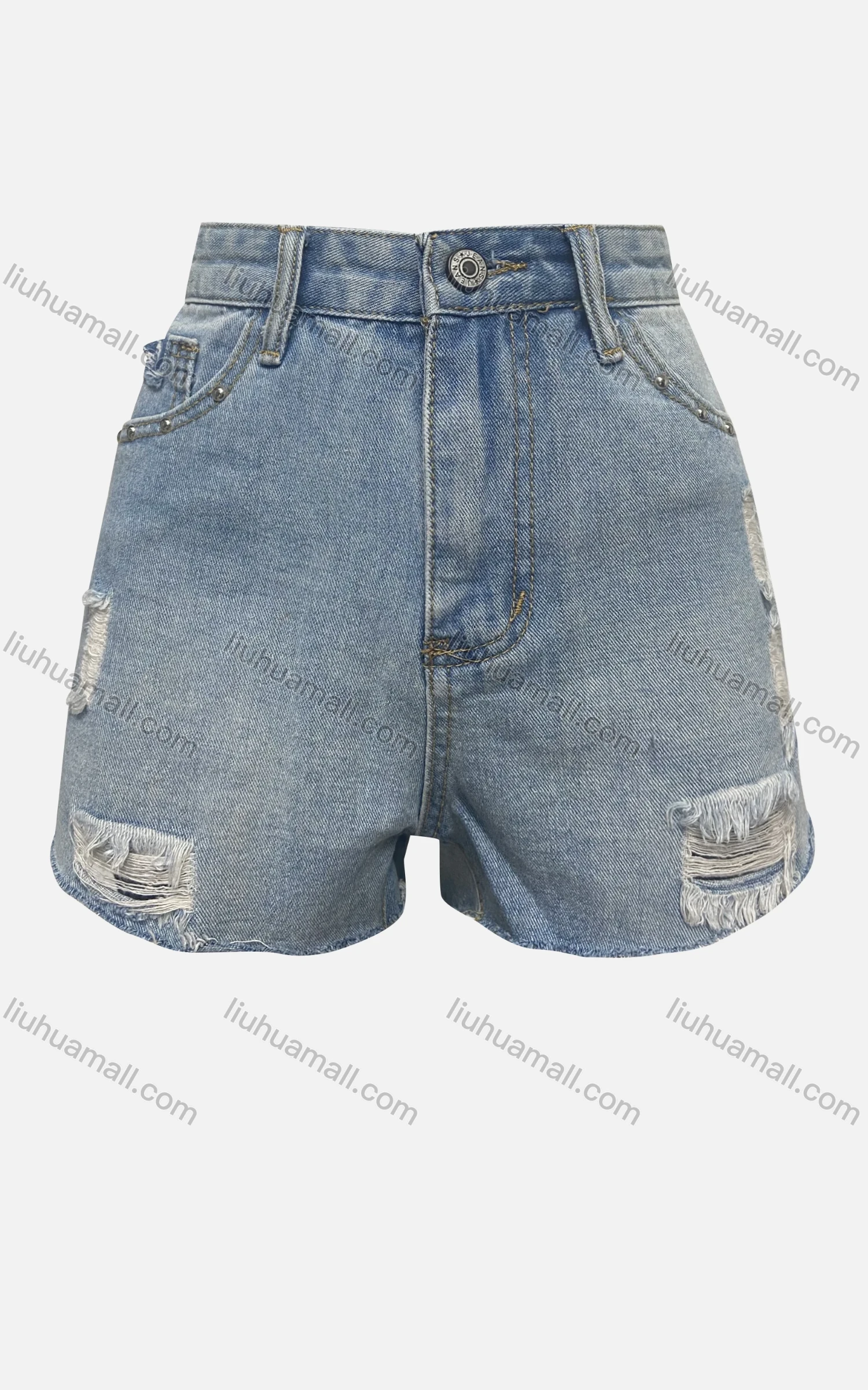 Wholesale Women's Fashion Plain Wash Distressed Ripped Frayed Raw Hem Pockets Denim Shorts 3297# - Liuhuamall