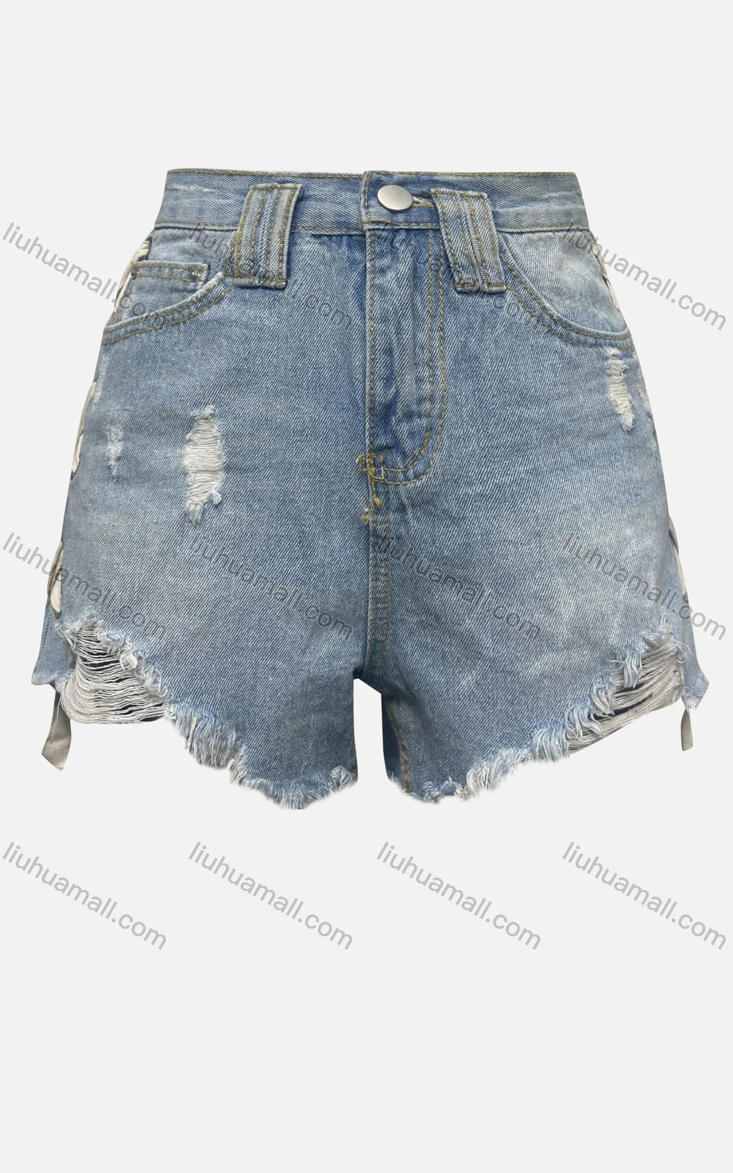 Wholesale Women's Fashion Plain Lace Up Side Ripped Frayed Raw Hem Pockets Denim Shorts 3299# - Liuhuamall