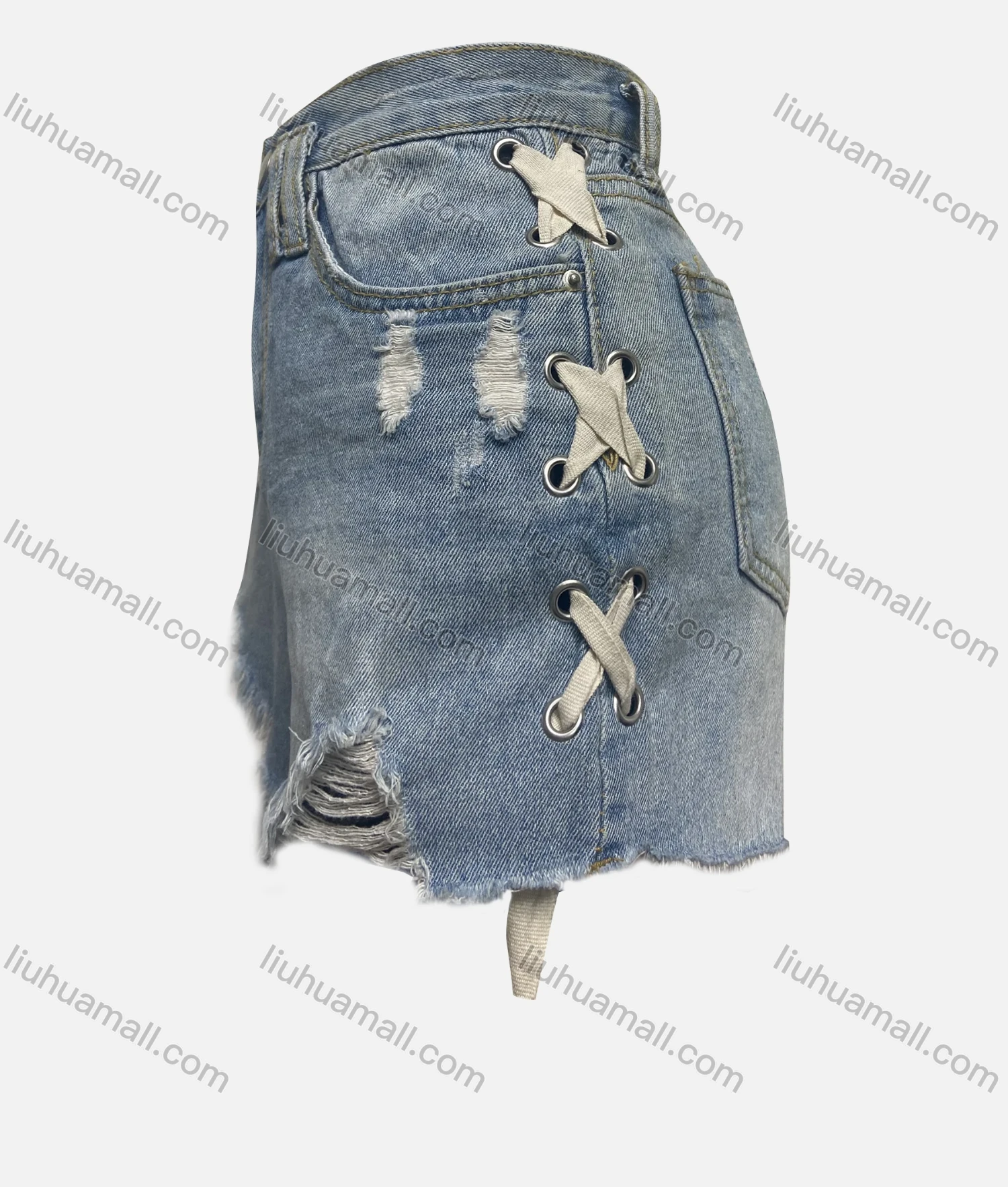 Wholesale Women's Fashion Plain Lace Up Side Ripped Frayed Raw Hem Pockets Denim Shorts 3299# - Liuhuamall