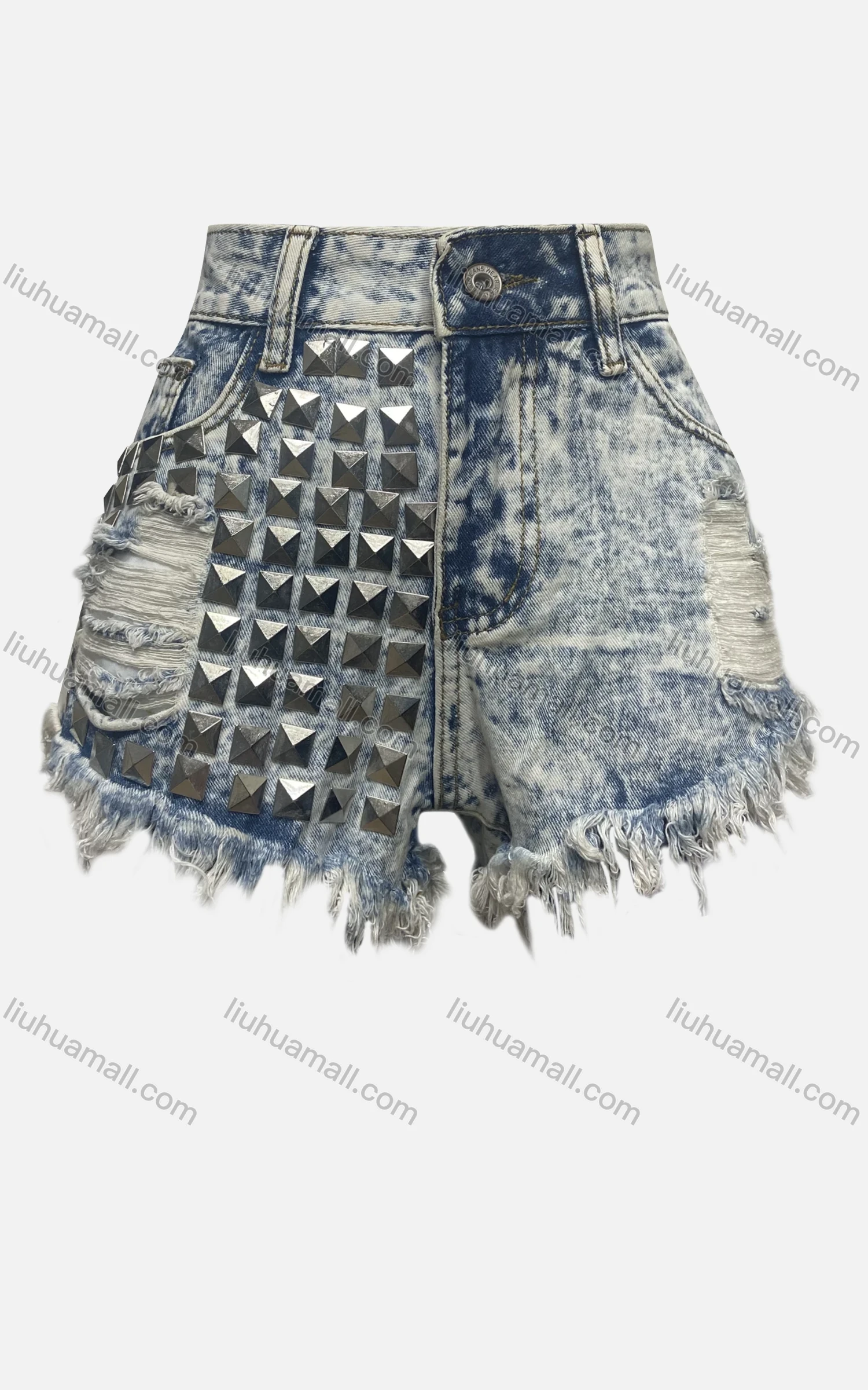 Wholesale Women's Fashion Tie Dye Rivets Ripped Frayed Raw Hem Pockets Denim Shorts 3300# - Liuhuamall