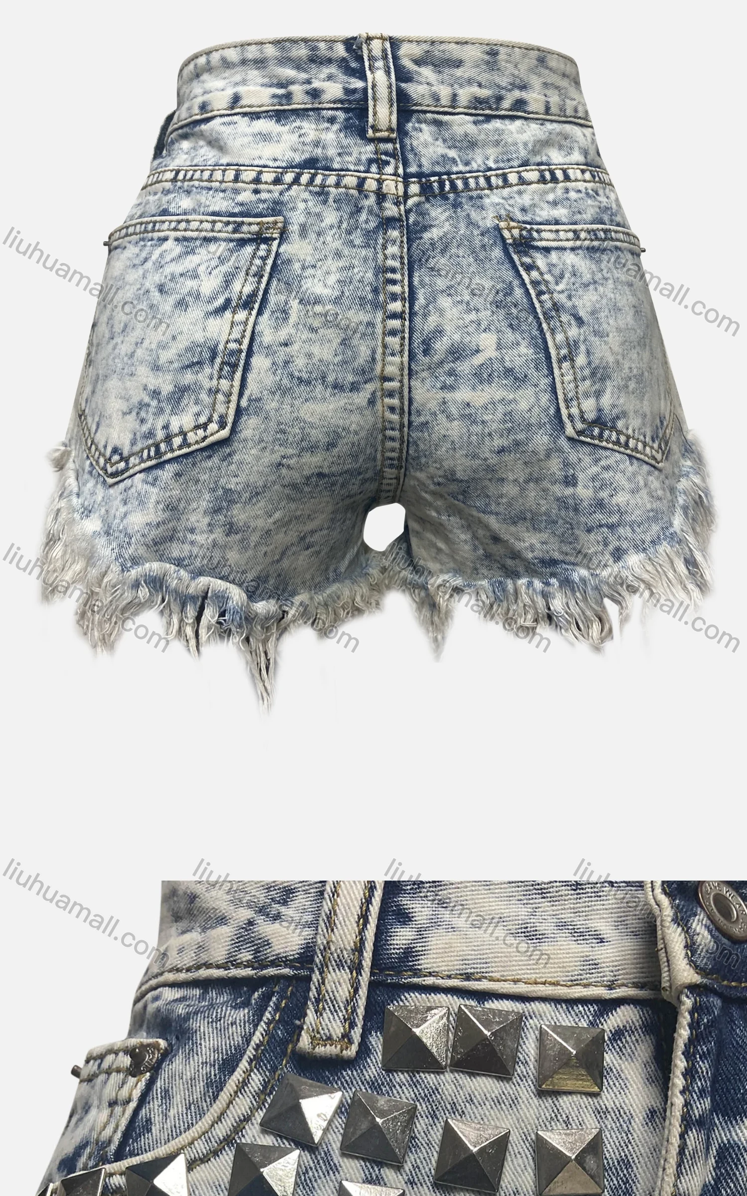 Wholesale Women's Fashion Tie Dye Rivets Ripped Frayed Raw Hem Pockets Denim Shorts 3300# - Liuhuamall