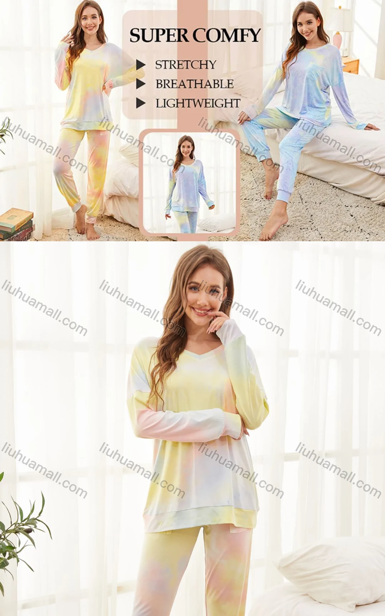 Wholesale Women's Daily Soft Tie Dye V Neck Long Sleeve Patch Pocket Tops & Pants Pajamas 2 Piece Sets - Liuhuamall
