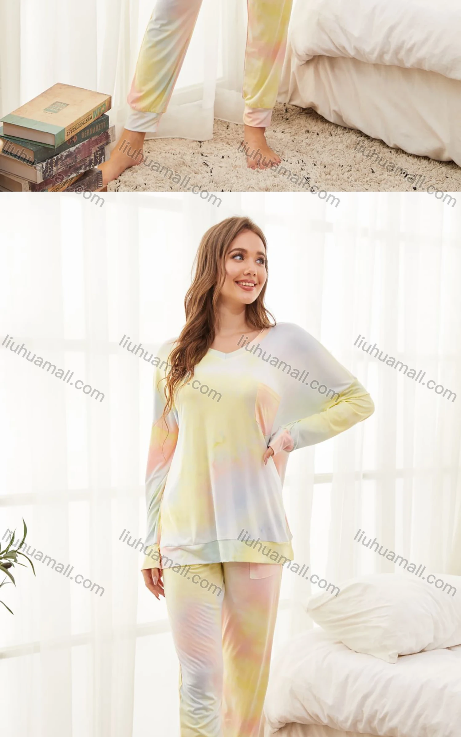 Wholesale Women's Daily Soft Tie Dye V Neck Long Sleeve Patch Pocket Tops & Pants Pajamas 2 Piece Sets - Liuhuamall