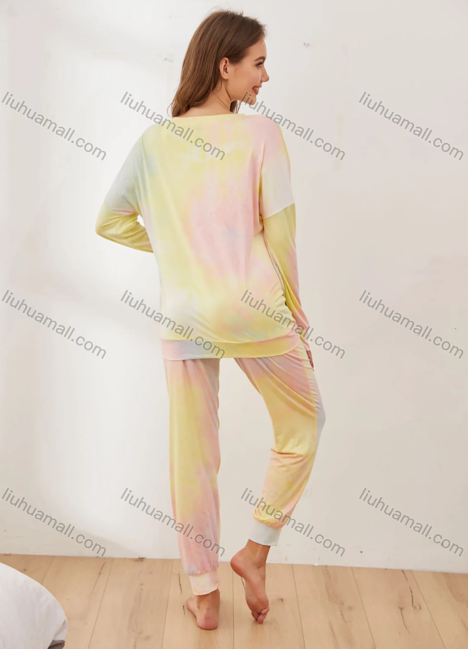 Wholesale Women's Daily Soft Tie Dye V Neck Long Sleeve Patch Pocket Tops & Pants Pajamas 2 Piece Sets - Liuhuamall