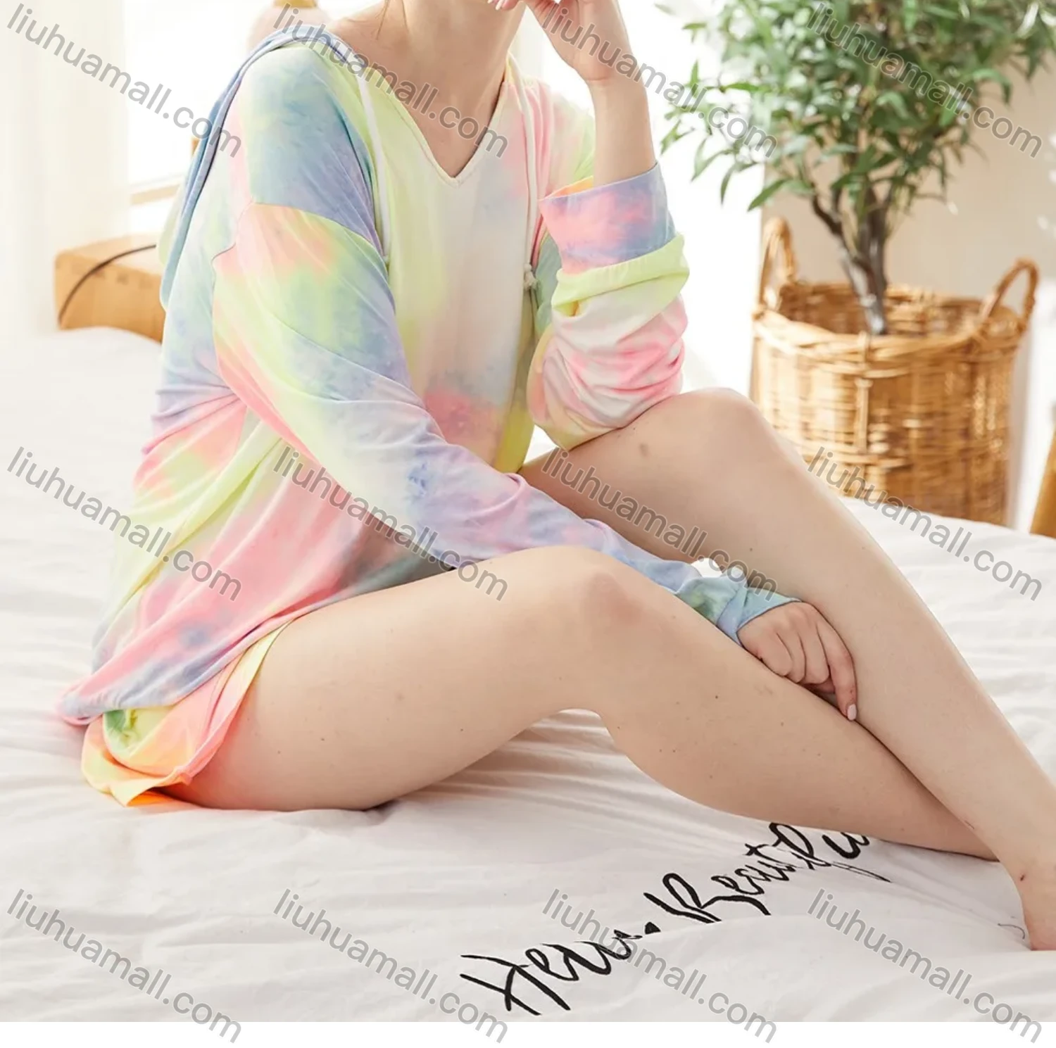Wholesale Women's Daily Lounge V Neck Long Sleeve Tie Dye Drawstring Hooded Tops & Shorts Pajamas 2 Piece Sets - Liuhuamall