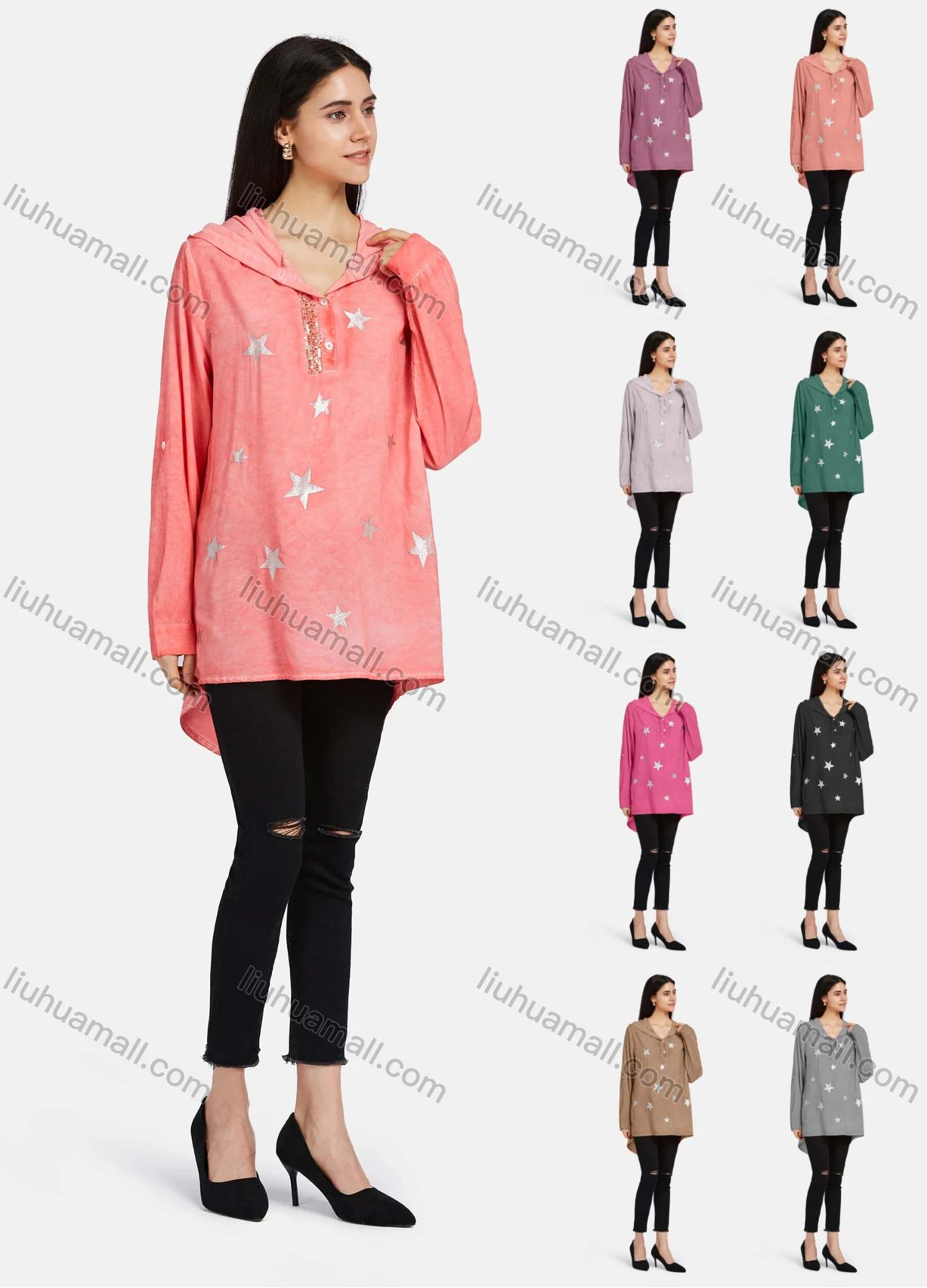 Wholesale Women's Long Sleeve Hooded Button Buckle Strap Cuff Hot Stamping Star Graphic Sequin Decor High Low Hem Tunic - Liuhuamall