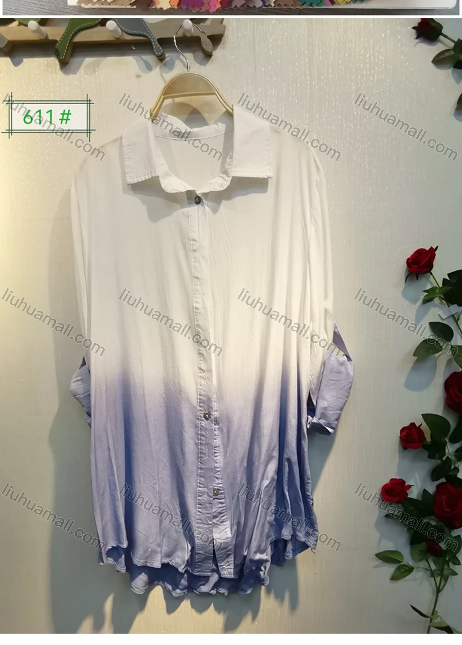 Wholesale Women's Collar Long Sleeve Button Down Buckle Strap Cuff Gradient Curved Hem Tunic - Liuhuamall