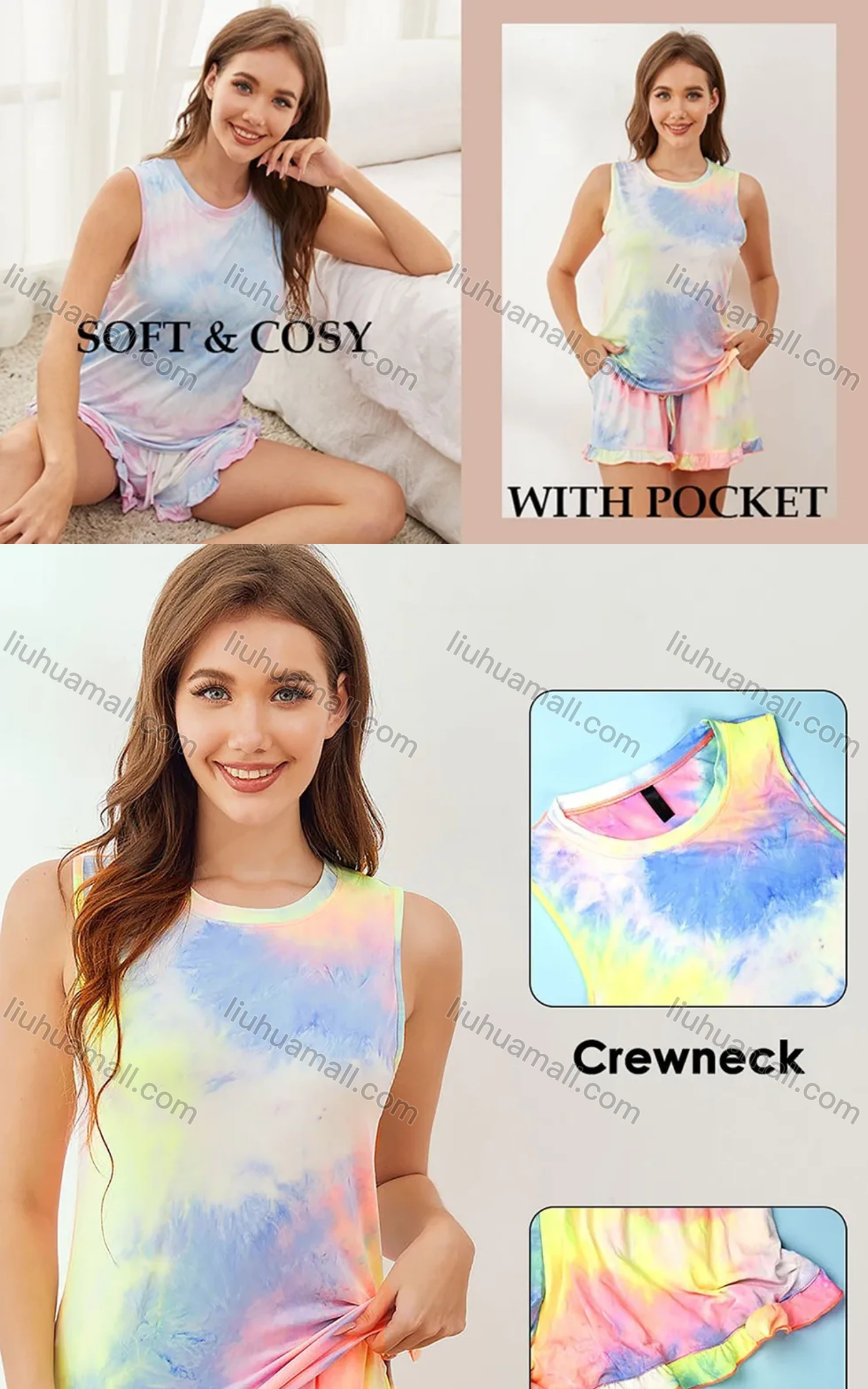 Wholesale Women's Lounge Split Hem Tie Dye Tank Tops & Ruffle Hem Pocket Shorts Pajamas 2 Piece Sets 240385# - Liuhuamall