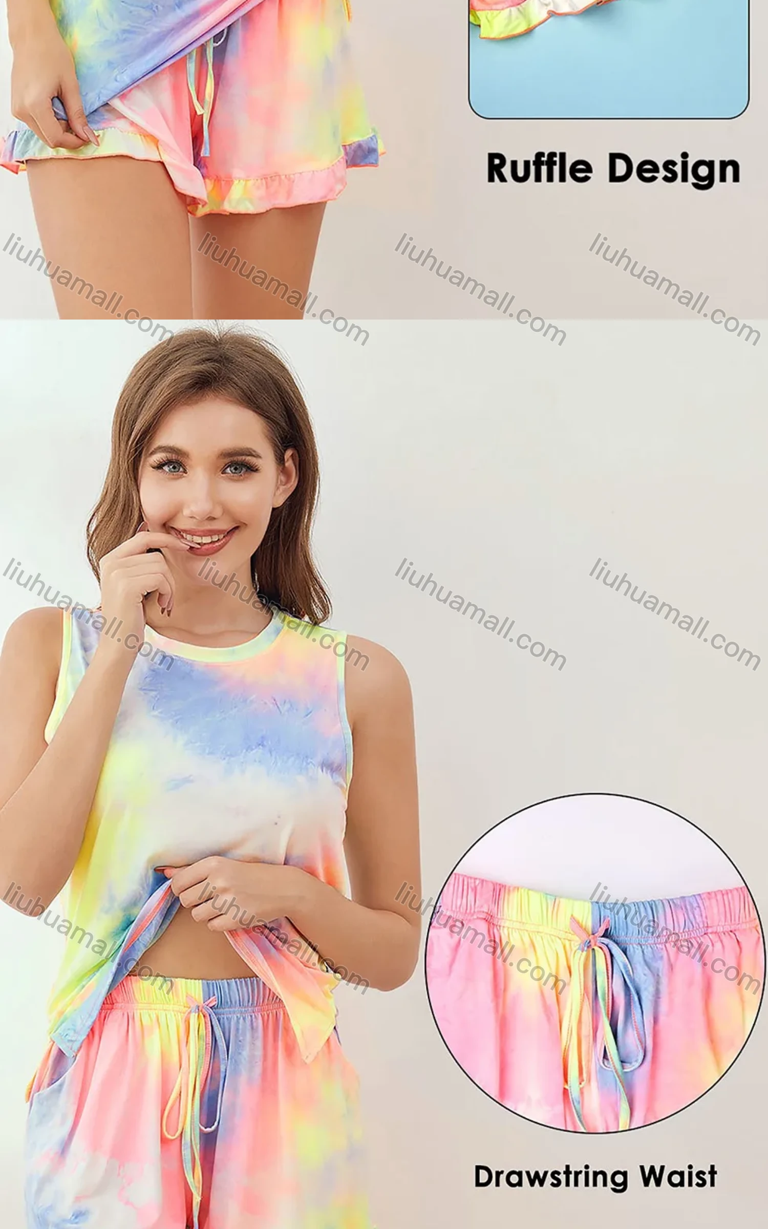 Wholesale Women's Lounge Split Hem Tie Dye Tank Tops & Ruffle Hem Pocket Shorts Pajamas 2 Piece Sets 240385# - Liuhuamall