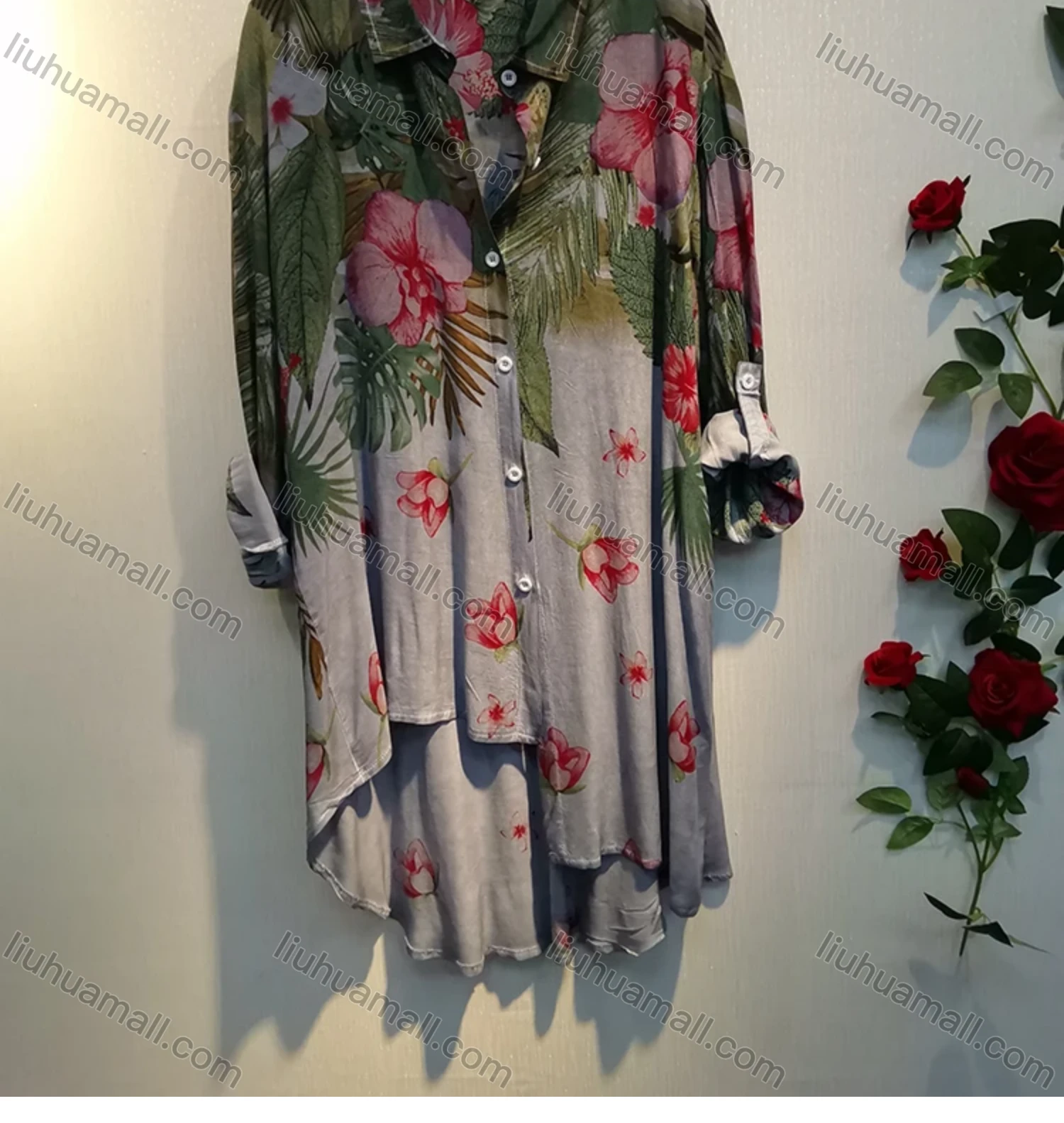 Wholesale Women's Collar Long Sleeve Button Down Buckle Strap Cuff Plant & Floral Print Asymmetrical Hem Tunic - Liuhuamall