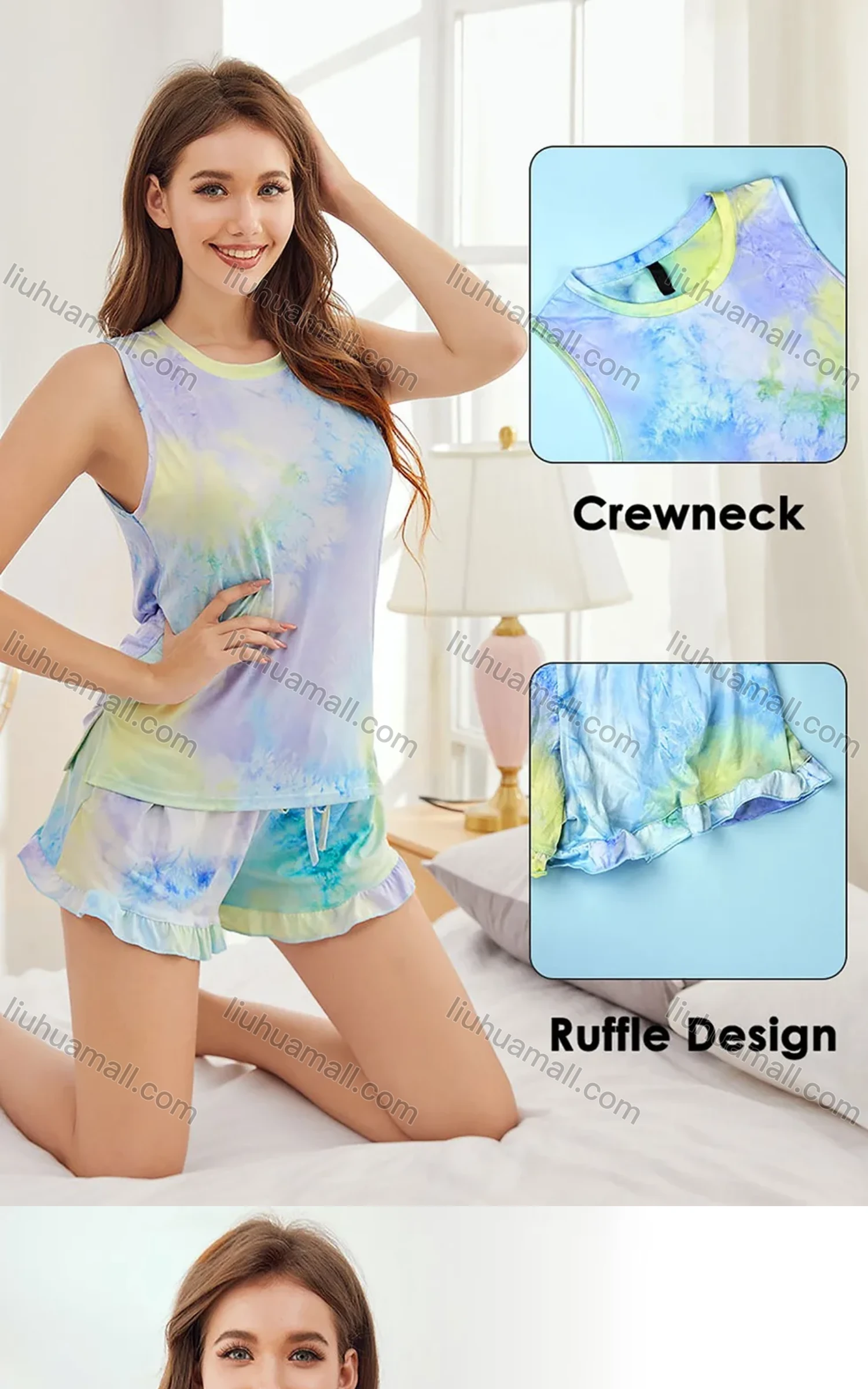 Wholesale Women's Lounge Split Hem Tie Dye Tank Tops & Ruffle Hem Drawstring Shorts Pajamas Sets 297066# - Liuhuamall