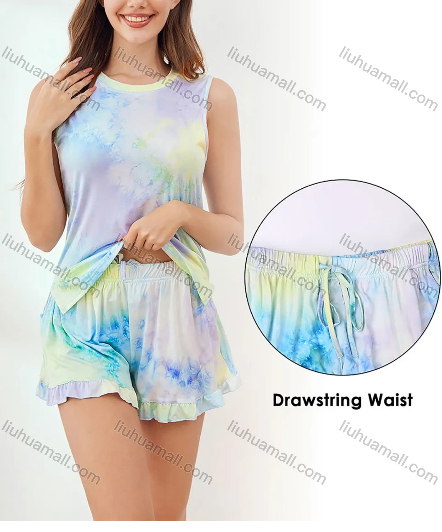 Wholesale Women's Lounge Split Hem Tie Dye Tank Tops & Ruffle Hem Drawstring Shorts Pajamas Sets 297066# - Liuhuamall