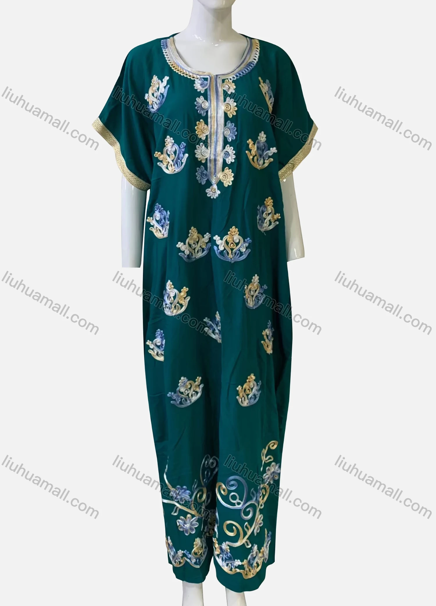 Wholesale Women's African Batwing Sleeve Gold Thread Woven Floral Embroidery Maxi Kaftan Dress LSHXS-221# - Liuhuamall
