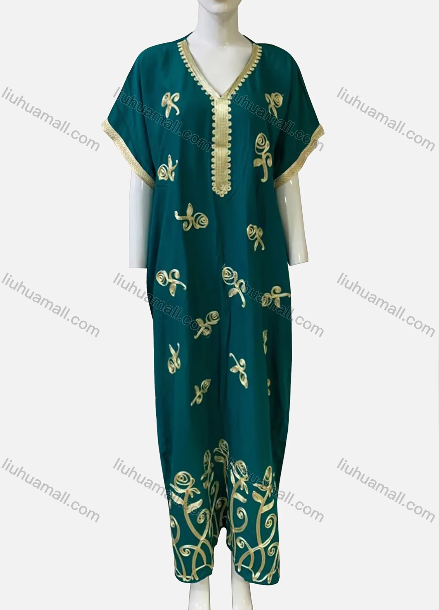 Wholesale Women's African Batwing Sleeve Gold Thread Woven Embroidery Maxi Kaftan Dress LSHXS-222# - Liuhuamall