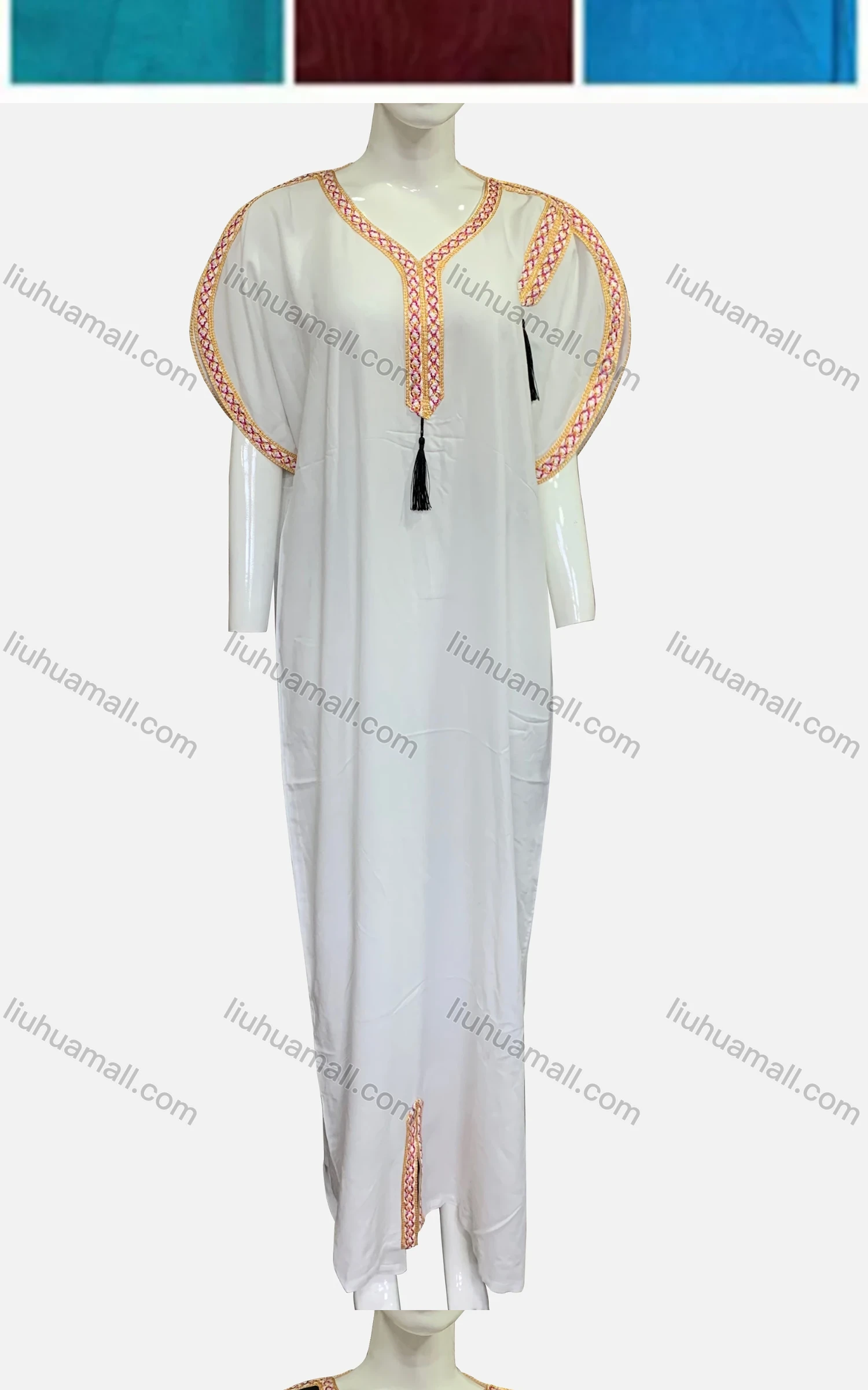 Wholesale Women's African Batwing Sleeve Tassel Plain Embroidery Split Front Maxi Kaftan Dress BS-271-SS# - Liuhuamall