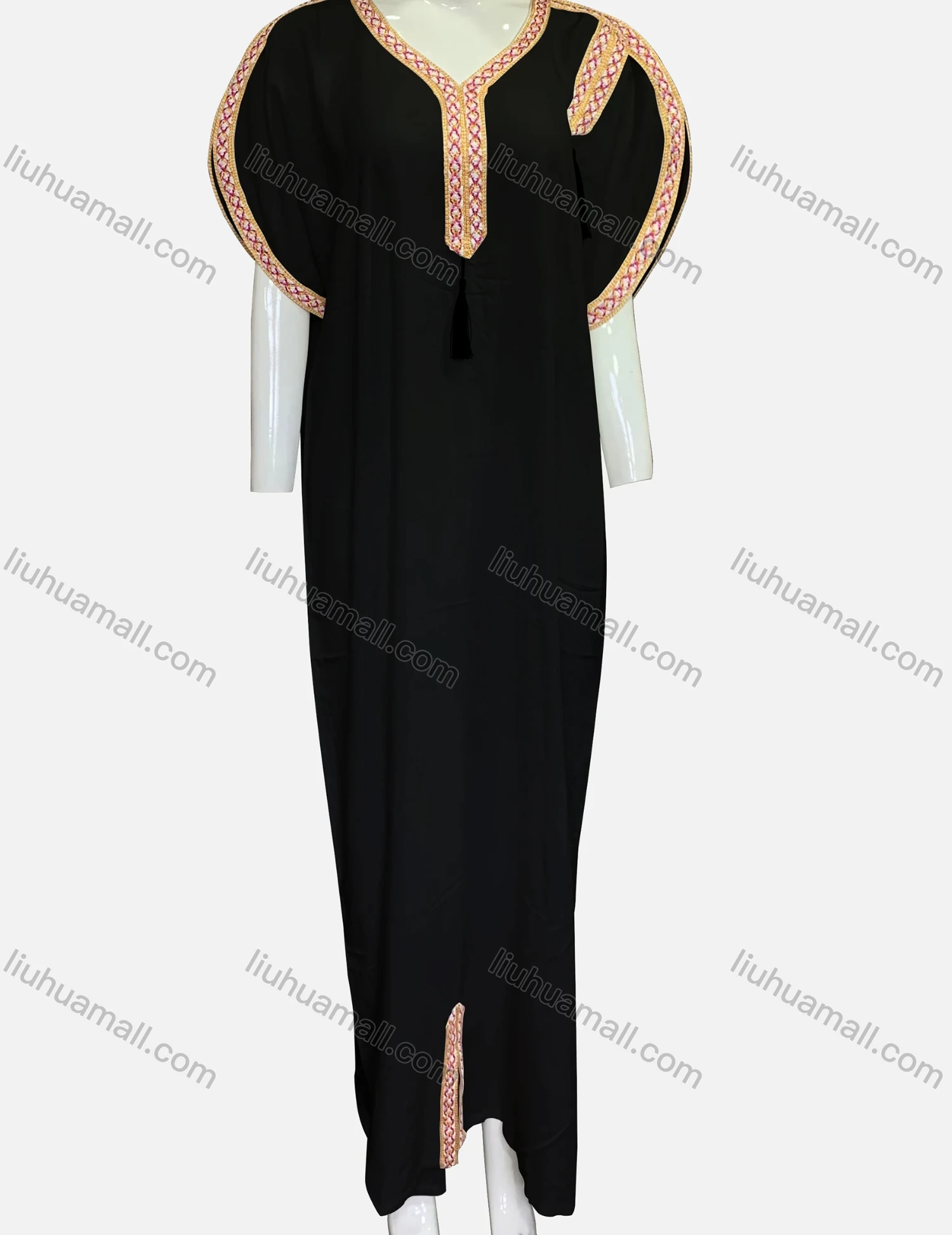 Wholesale Women's African Batwing Sleeve Tassel Plain Embroidery Split Front Maxi Kaftan Dress BS-271-SS# - Liuhuamall