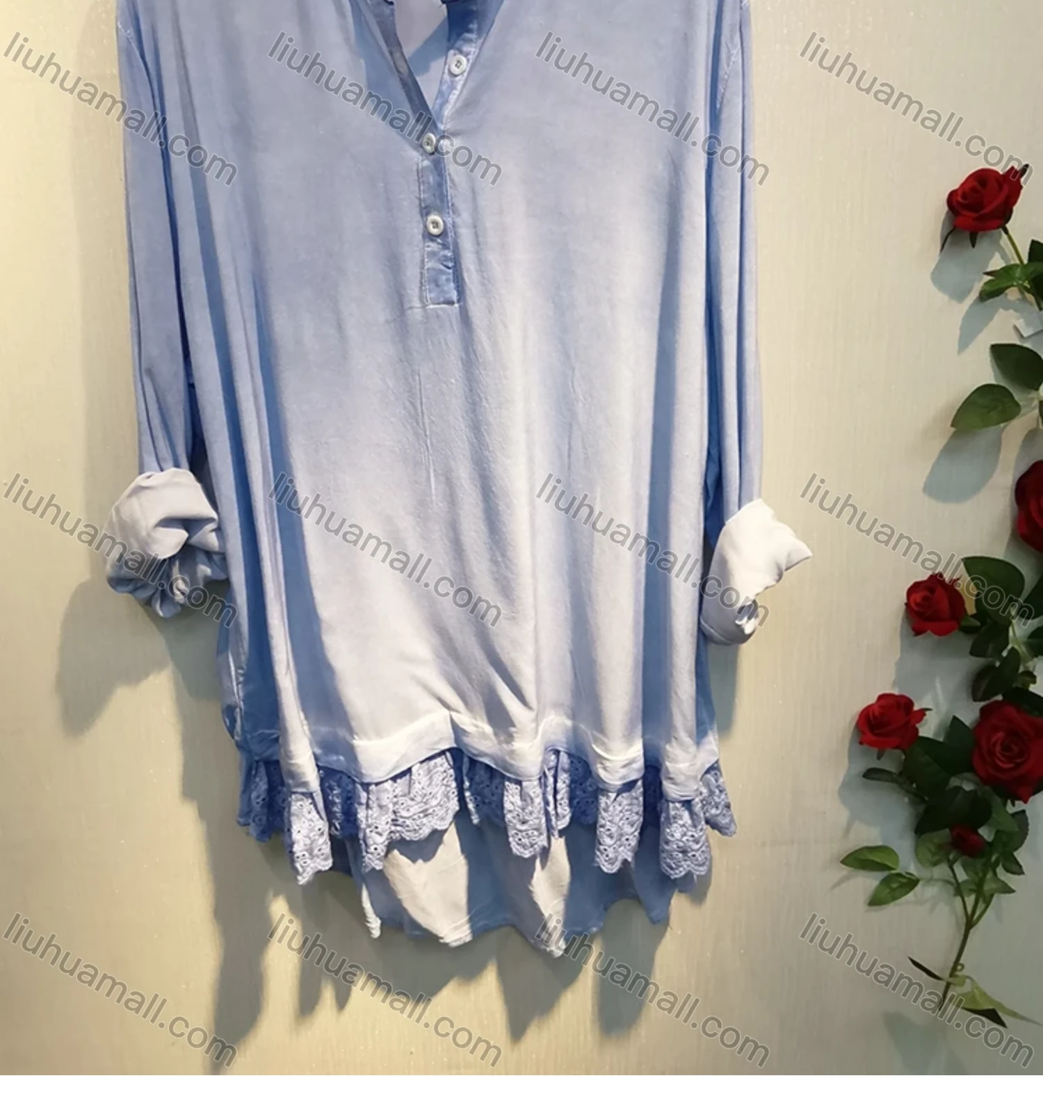 Wholesale Women's Crew Neck Long Sleeve Button Solid Eyelet Embroidered Lace Hem Tunic - Liuhuamall