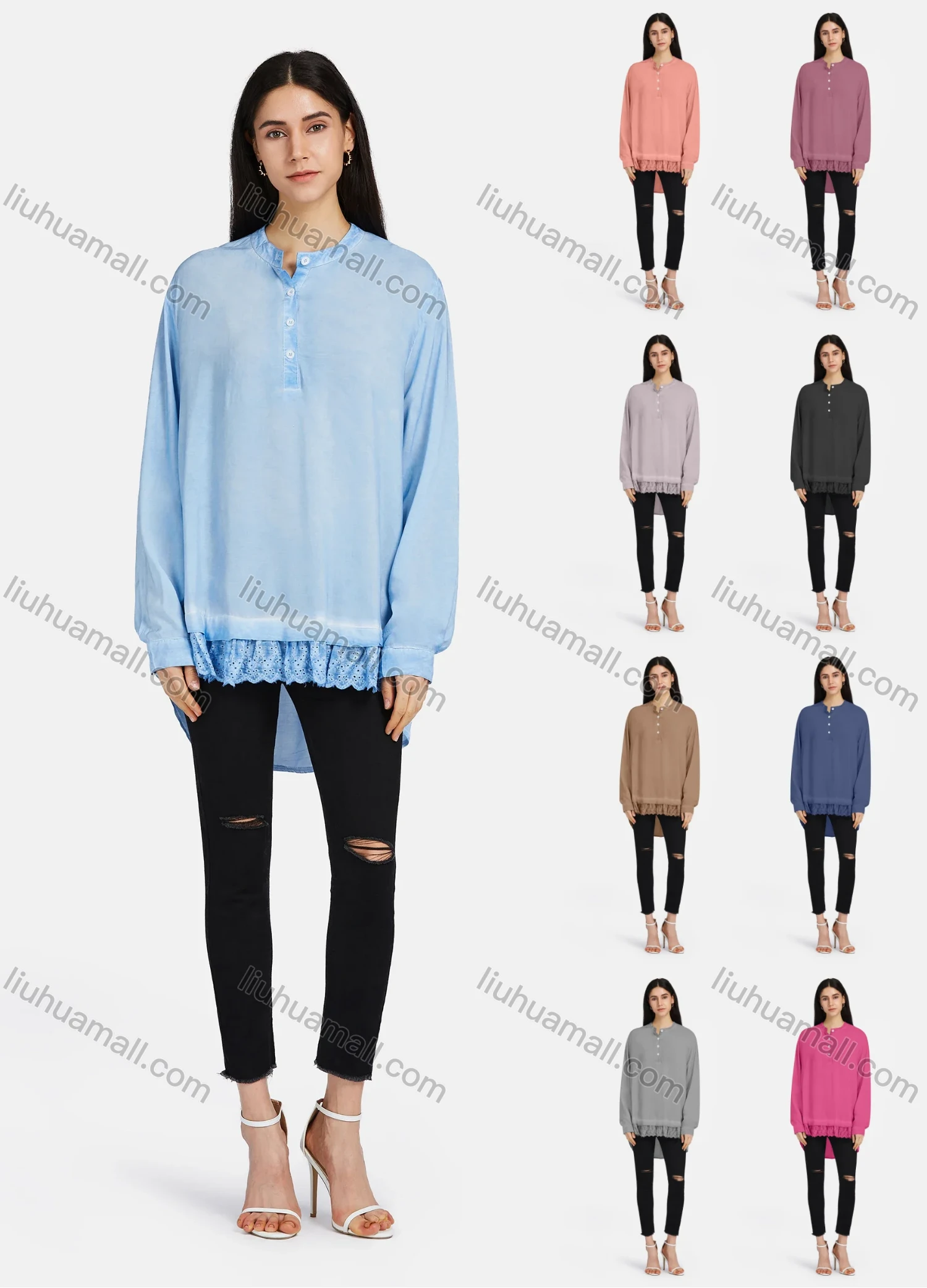 Wholesale Women's Crew Neck Long Sleeve Button Solid Eyelet Embroidered Lace Hem Tunic - Liuhuamall