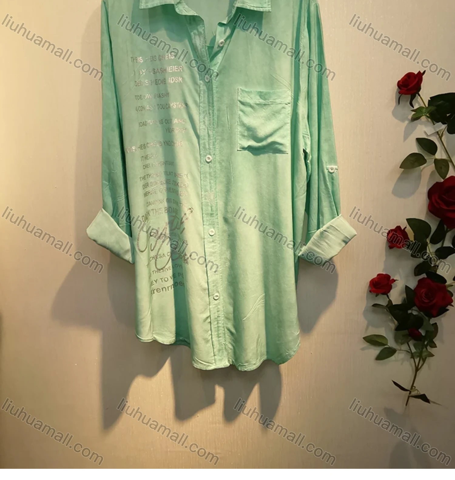 Wholesale Women's Collar Long Sleeve Button Down Buckle Strap Cuff Patch Pocket Hot Stamping Letter Curved Hem Tunic - Liuhuamall