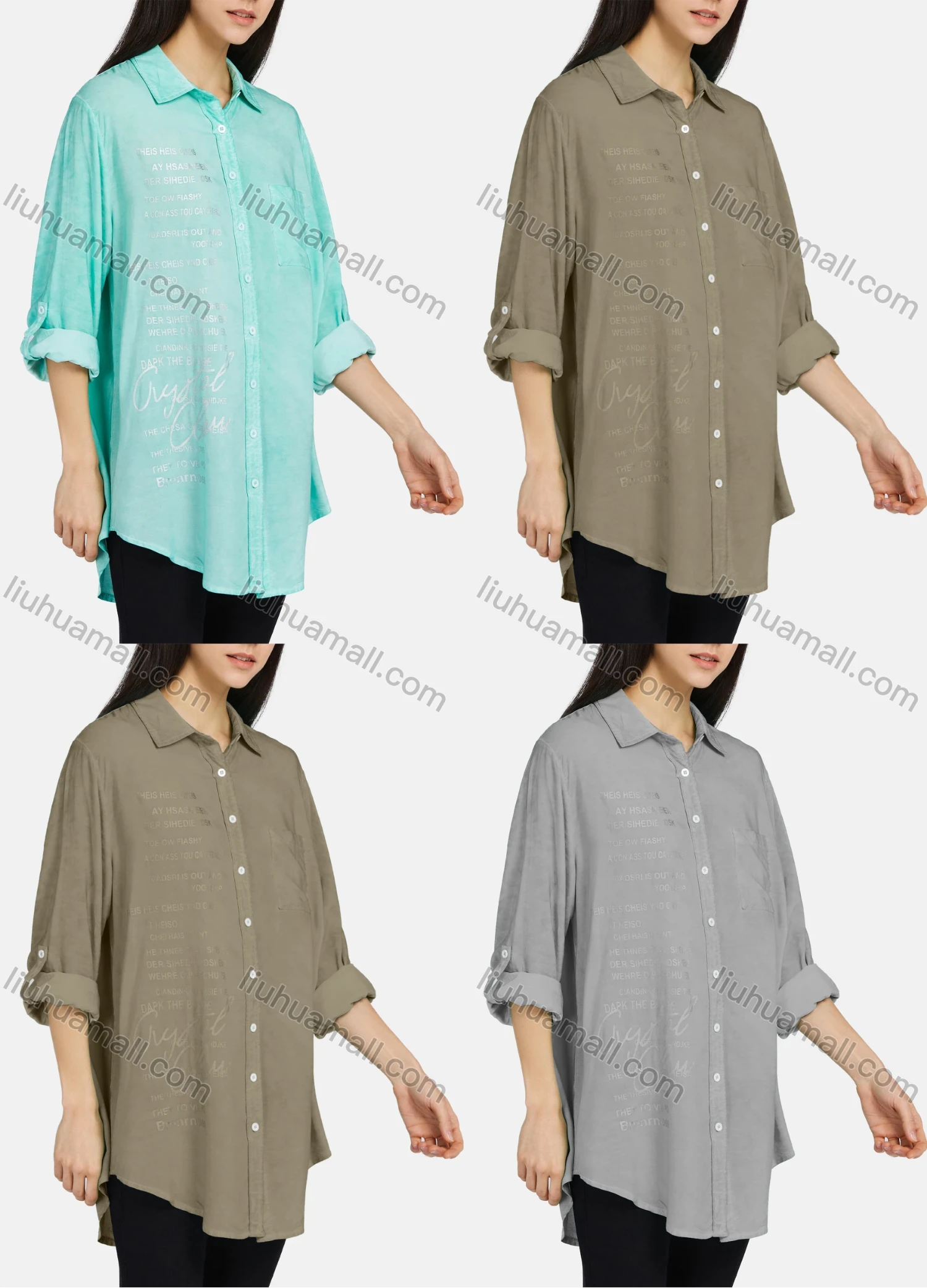 Wholesale Women's Collar Long Sleeve Button Down Buckle Strap Cuff Patch Pocket Hot Stamping Letter Curved Hem Tunic - Liuhuamall