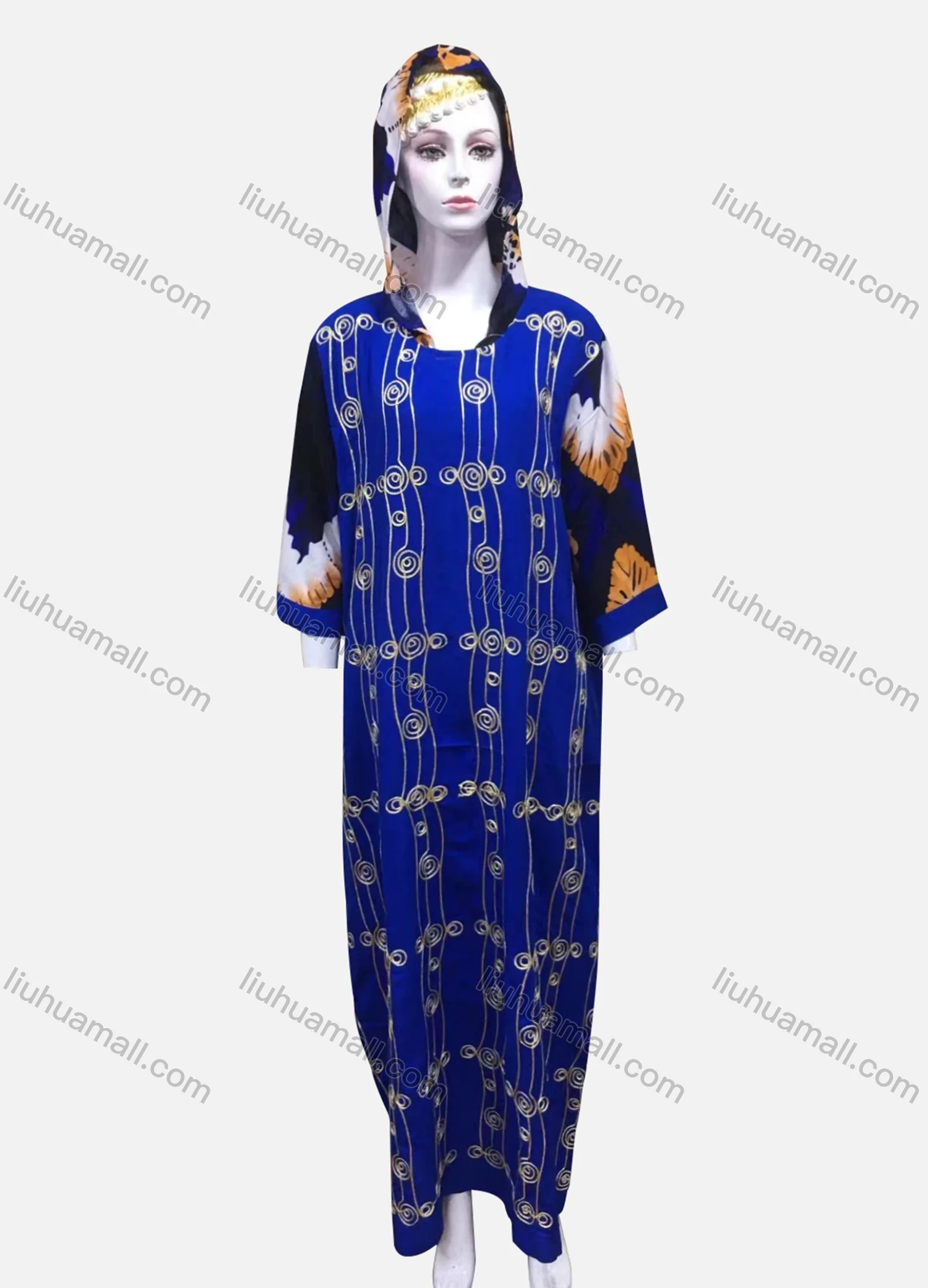 Wholesale Women's African Half Sleeve Embroidery Splicing Allover Print Maxi Kaftan Dress With Hooded MXTS-691# - Liuhuamall