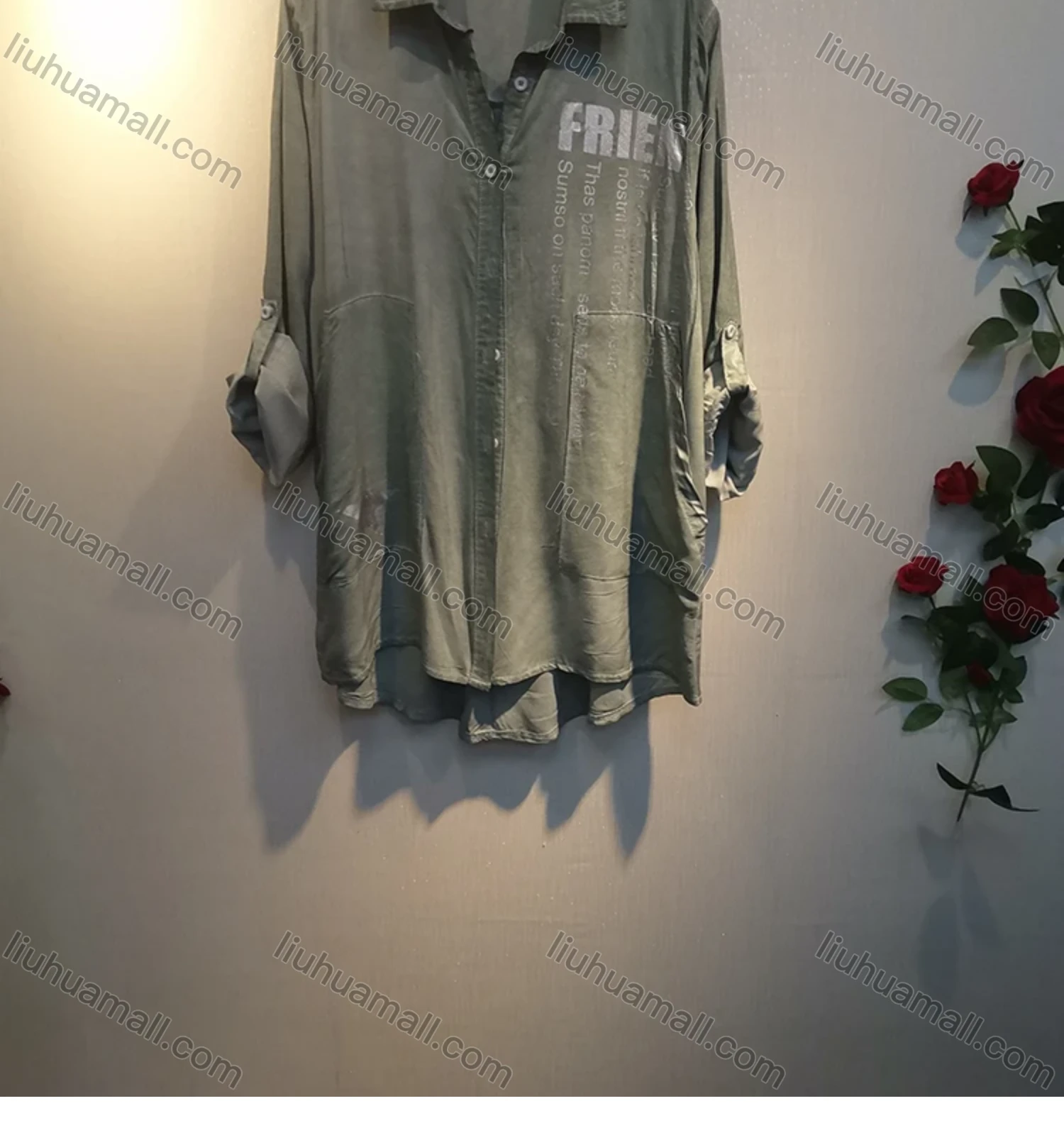 Wholesale Women's Collar Button Down Buckle Strap Cuff Patch Pockets Side Distressed Hot Stamping Letter Tunic - Liuhuamall