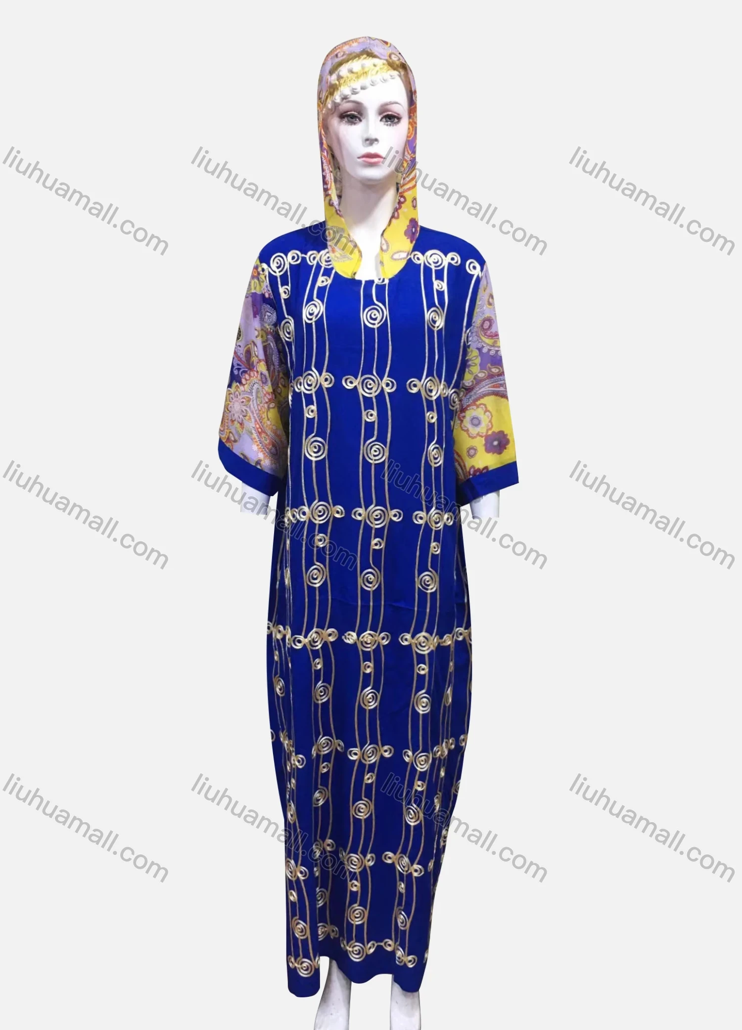 Wholesale Women's African Vintage 3/4 Sleeve Embroidery Splicing Maxi Kaftan With Hooded MXBS-CS# - Liuhuamall