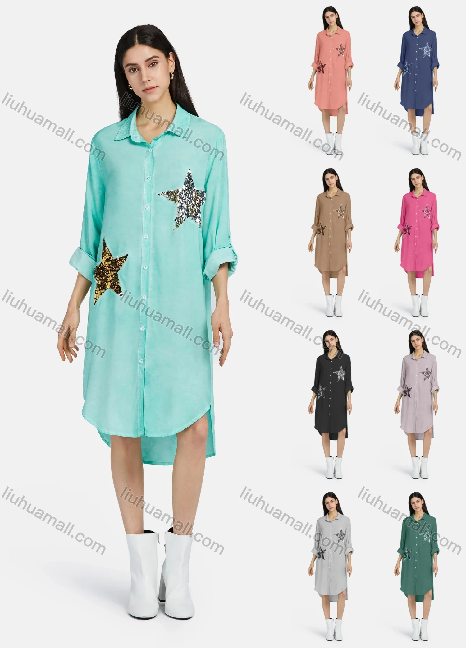 Wholesale Women's Collared Long Sleeve Button Down Sequin Star Buckle Strap Cuff Shirt Dress 1830# - Liuhuamall
