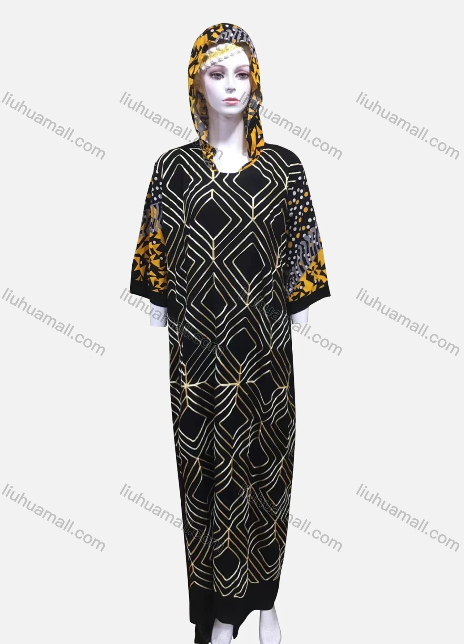 Wholesale Women's African Vintage 3/4 Sleeve Geometric Splicing Print Embroidery Maxi Kaftan With Hooded MXBS-698# - Liuhuamall