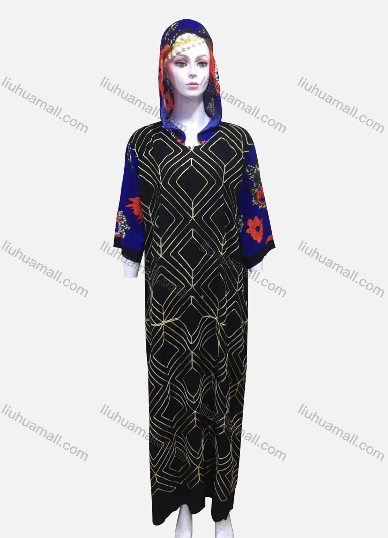 Wholesale Women's African Vintage 3/4 Sleeve Geometric Splicing Print Embroidery Maxi Kaftan With Hooded MXTS-J661# - Liuhuamall