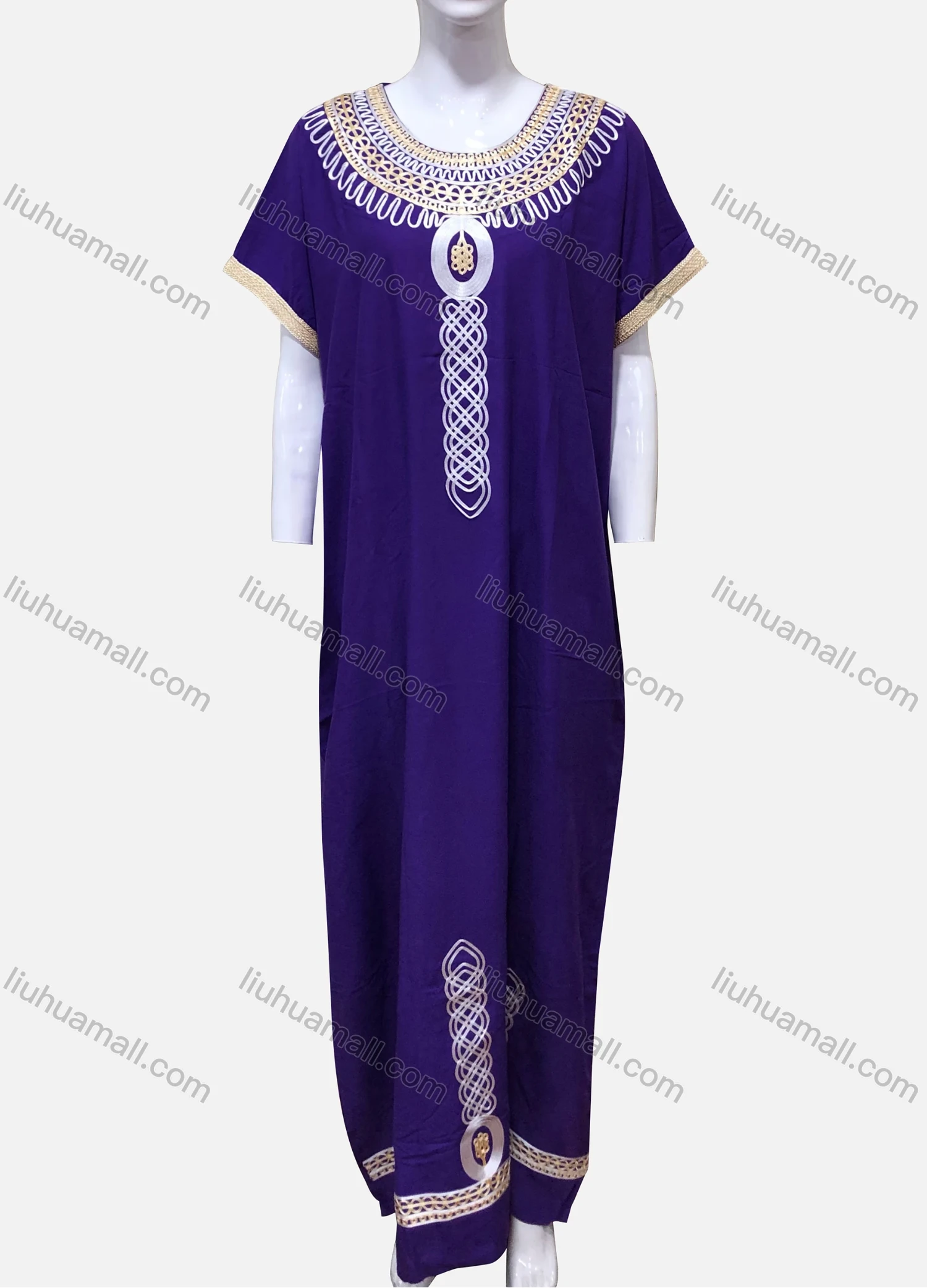Wholesale Women's African Vintage Short Sleeve Plus Size Gold Thread Embroidery Maxi Kaftan Dress XH-589S# - Liuhuamall