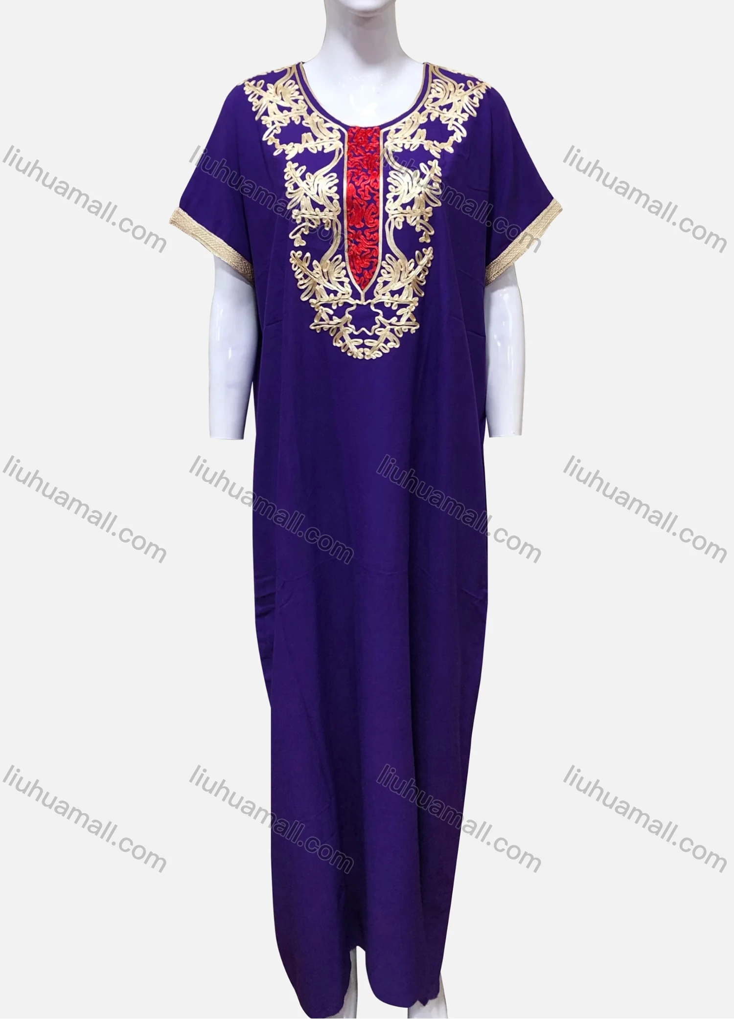 Wholesale Women's African Vintage Short Sleeve Plus Size Gold Thread Embroidery Maxi Kaftan Dress XH-591S# - Liuhuamall