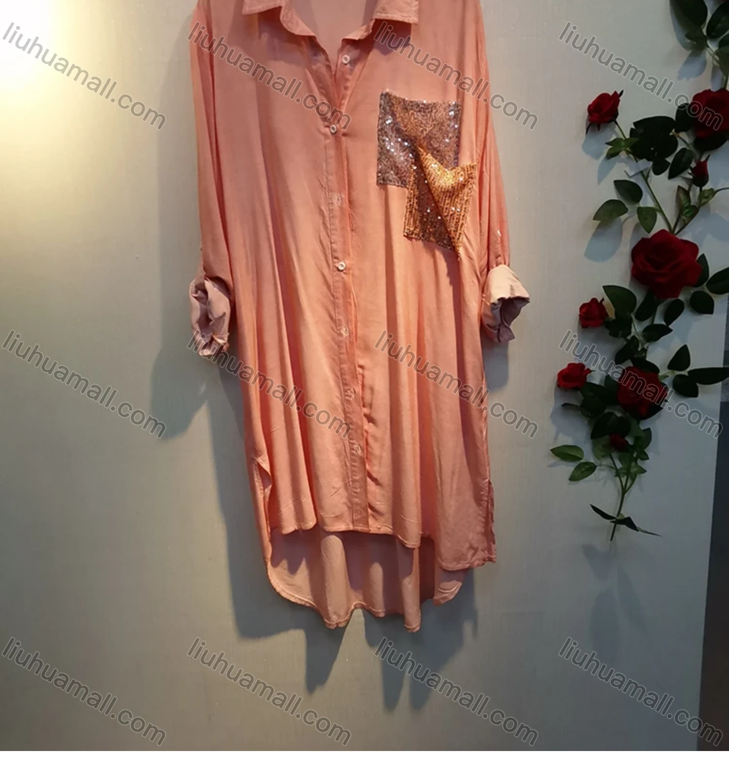 Wholesale Women's Collared Button Down Sequin Patch Pockets Buckle Strap Cuff Plain Shirt Dress 15203# - Liuhuamall