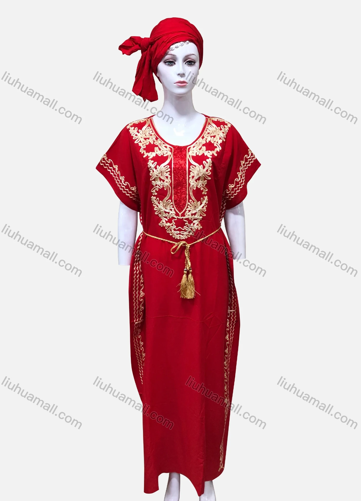 Wholesale Women's African Batwing Sleeve Gold Thread Woven Embroidery Maxi Kaftan Dress With Turban XH-591FPYD# - Liuhuamall