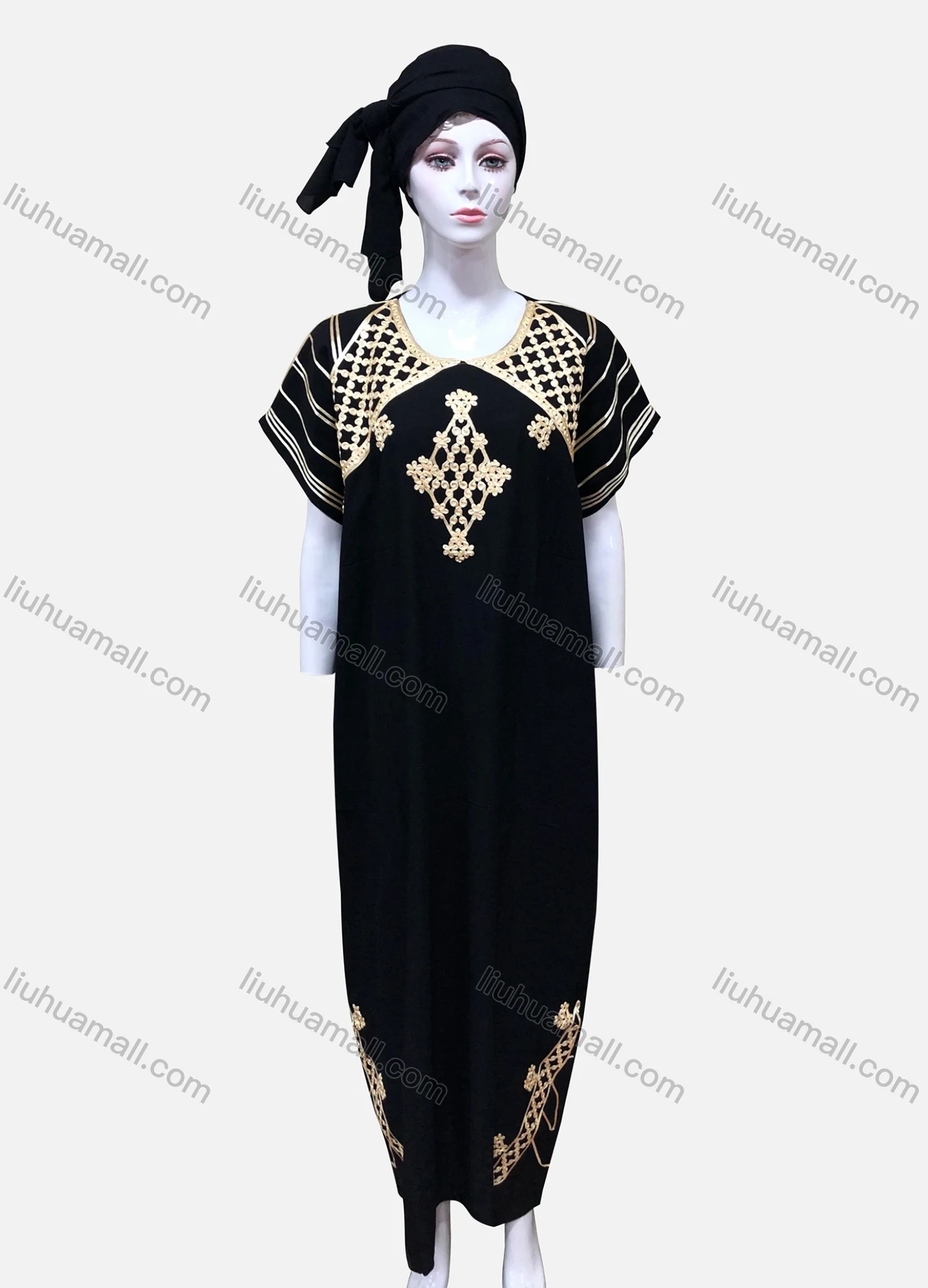 Wholesale Women's African Batwing Sleeve Gold Thread Woven Embroidery Maxi Kaftan Dress With Turban XH-592S# - Liuhuamall