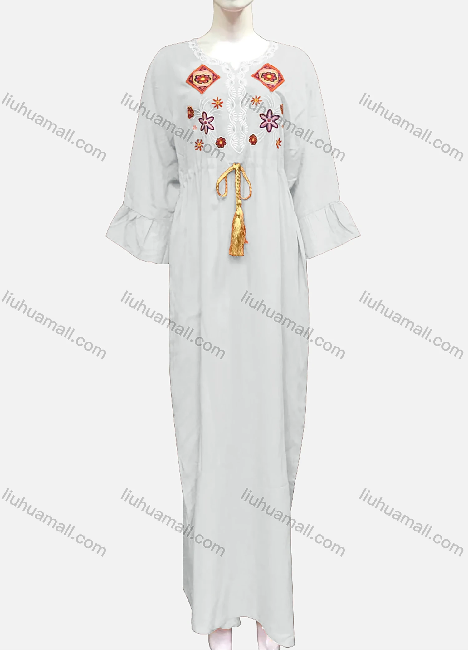 Wholesale Women's Plus Size Boho Long Sleeve Tassel Drawstring Embroidery Maxi Dress XH-597SYD# - Liuhuamall