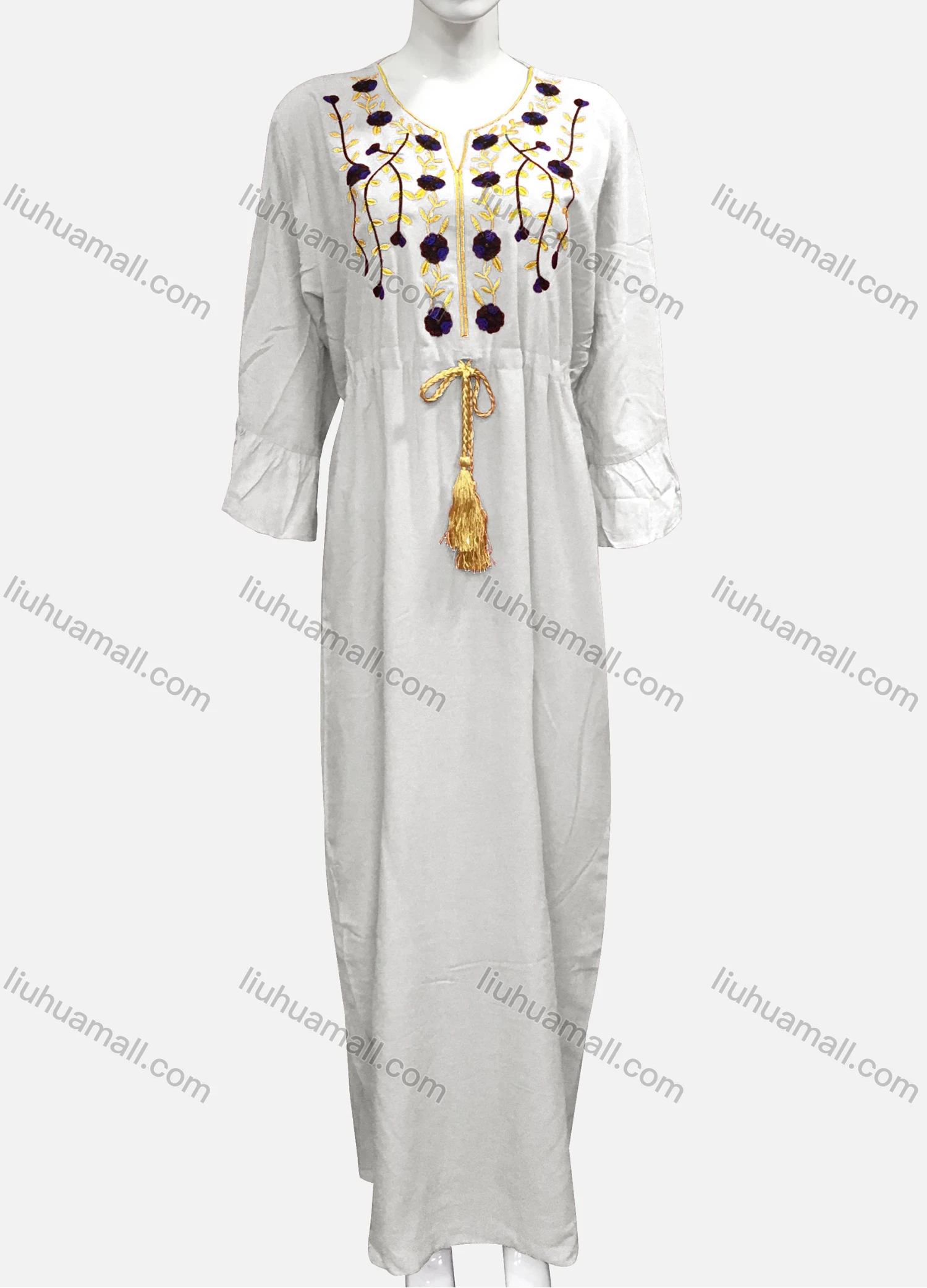 Wholesale Women's Plus Size Boho Long Sleeve Tassel Drawstring Embroidery Maxi Dress XH-599SYD# - Liuhuamall