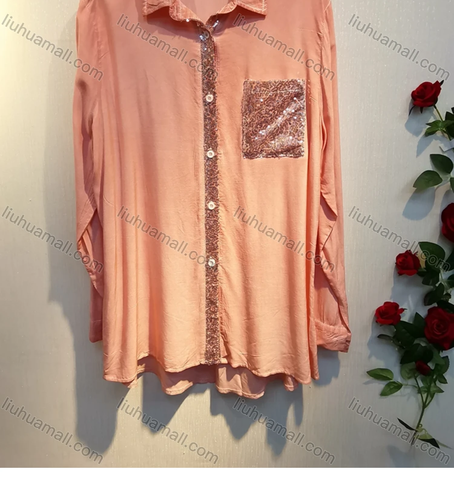 Wholesale Women's Stand Collar Button Down Patch Pocket Sequin Decor Buckle Strap Cuff Solid Tunic - Liuhuamall