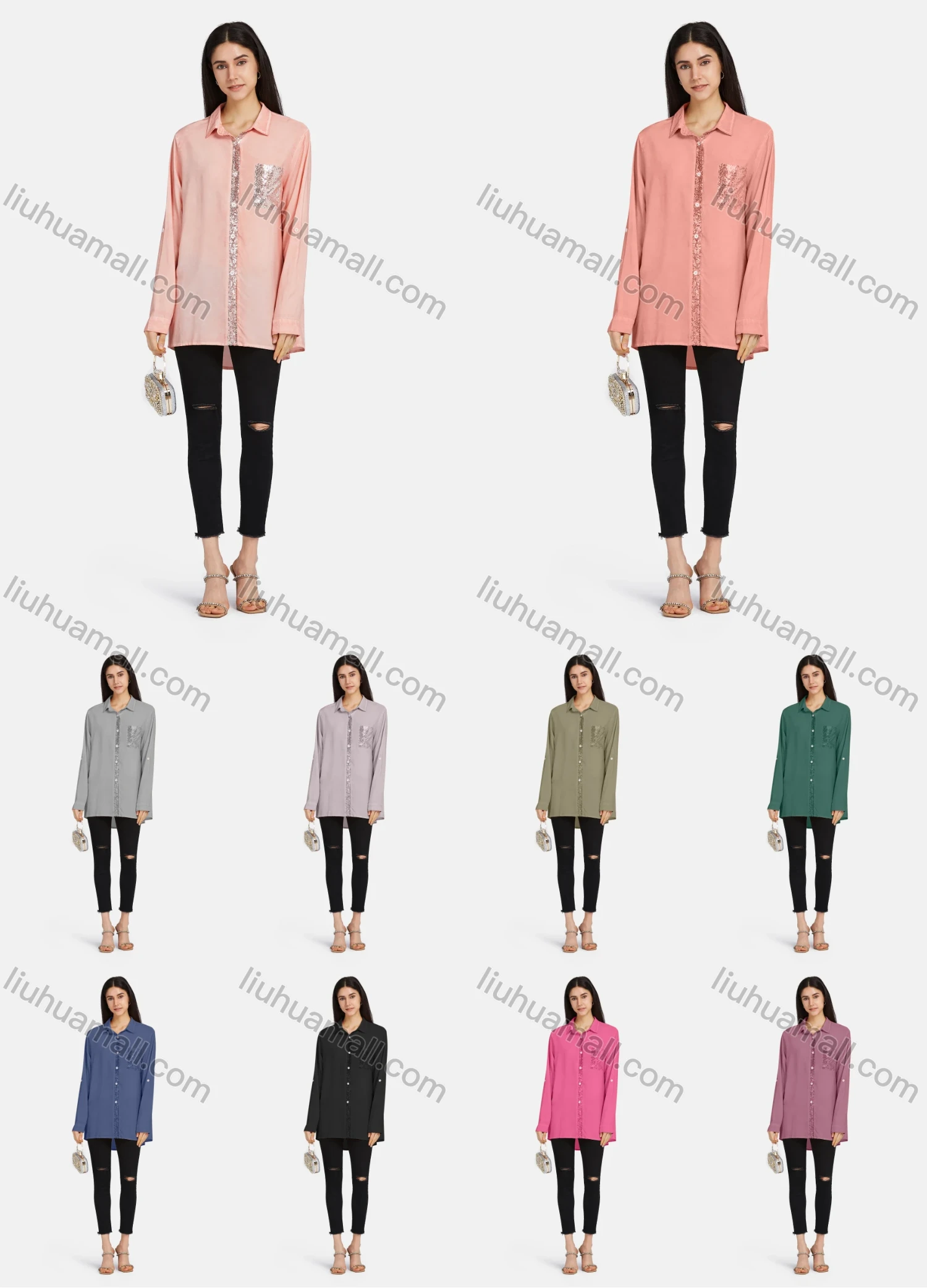 Wholesale Women's Stand Collar Button Down Patch Pocket Sequin Decor Buckle Strap Cuff Solid Tunic - Liuhuamall