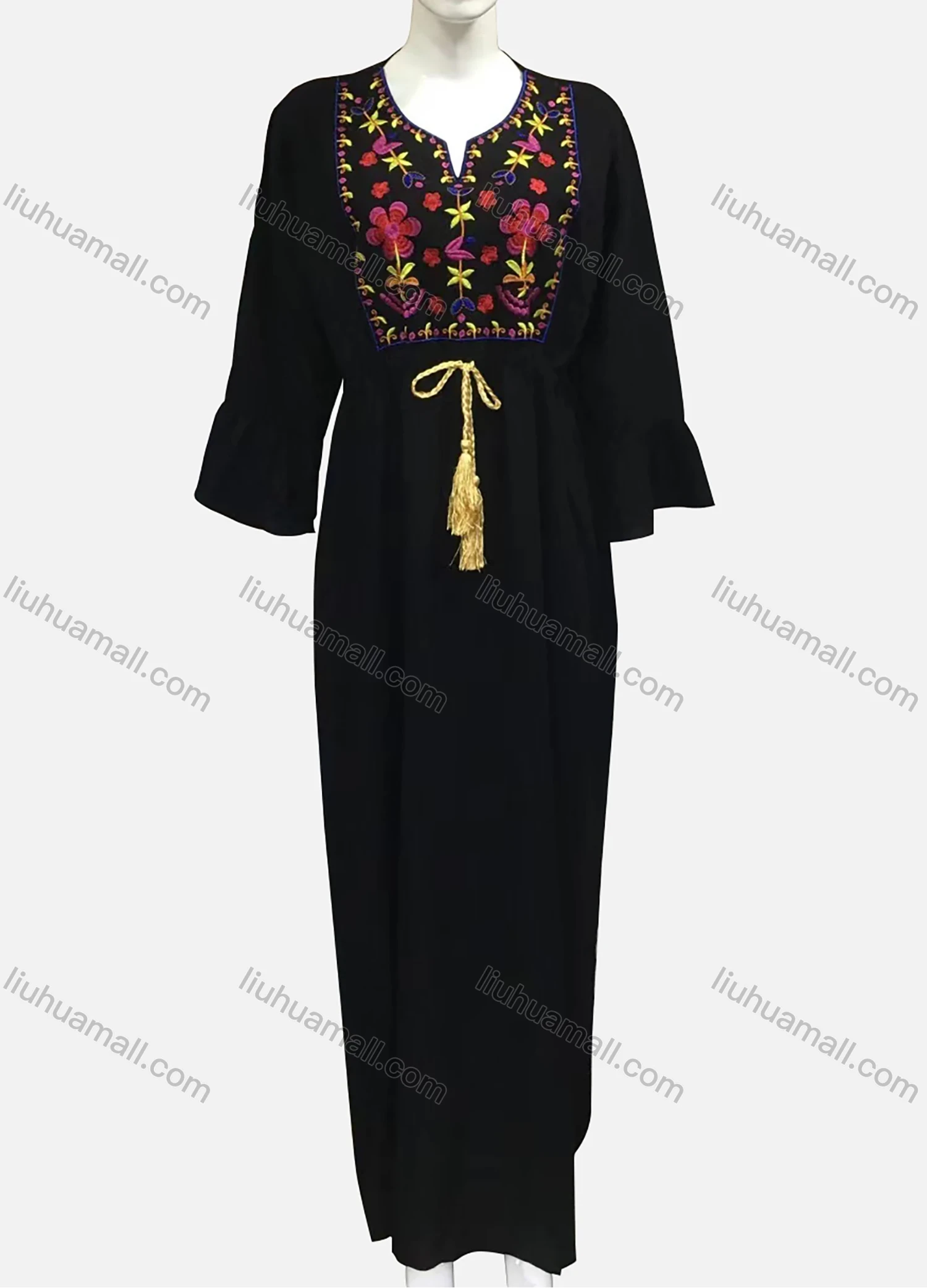 Wholesale Women's Plus Size Boho Long Sleeve Tassel Drawstring Embroidery Maxi Dress XH-600SYD# - Liuhuamall