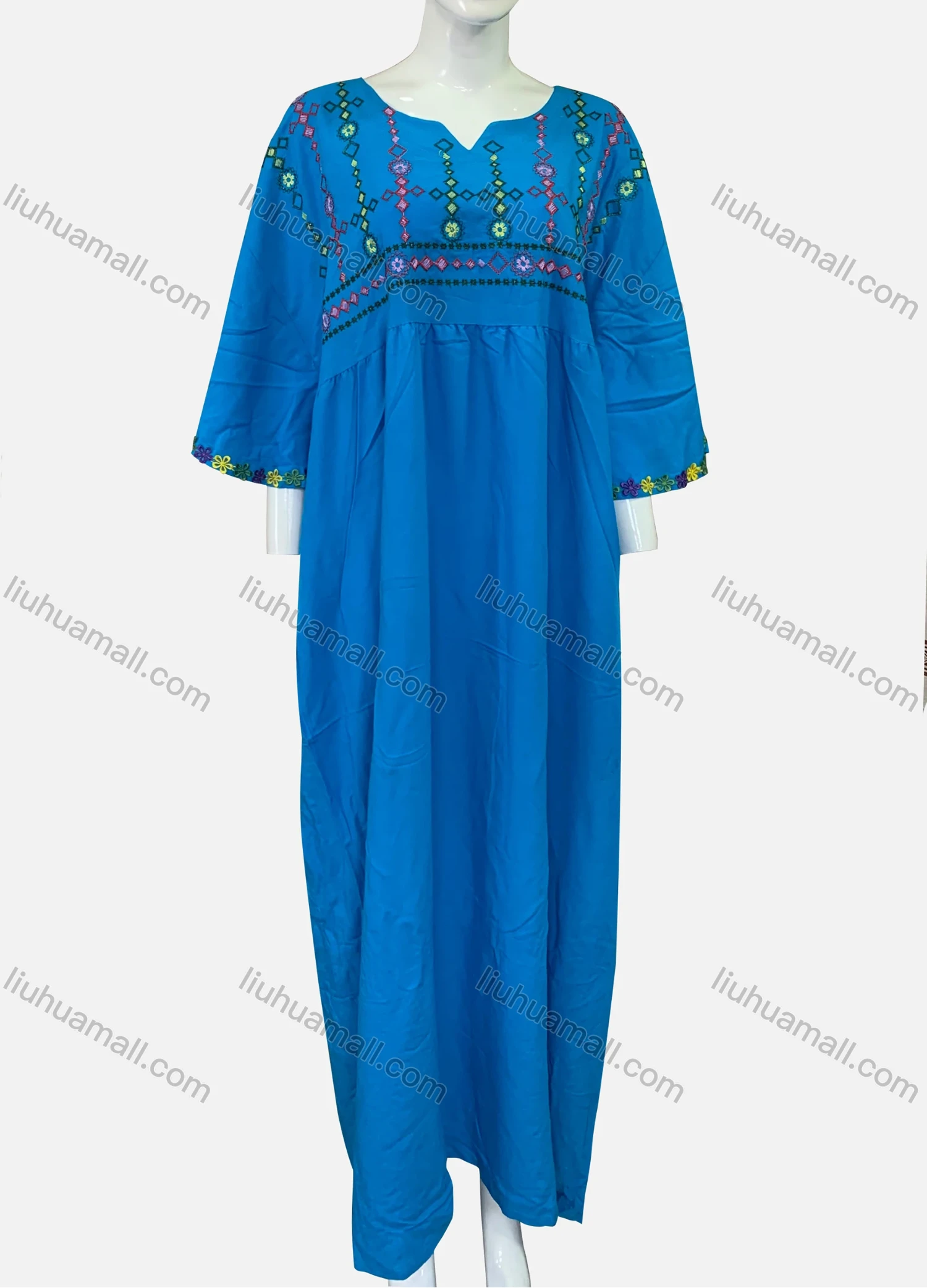 Wholesale Women's African Elegant Plus Size Notched Neck Ruched Half Sleeve Floral Embroidery Maxi Kaftan Dress XH-717S# - Liuhuamall