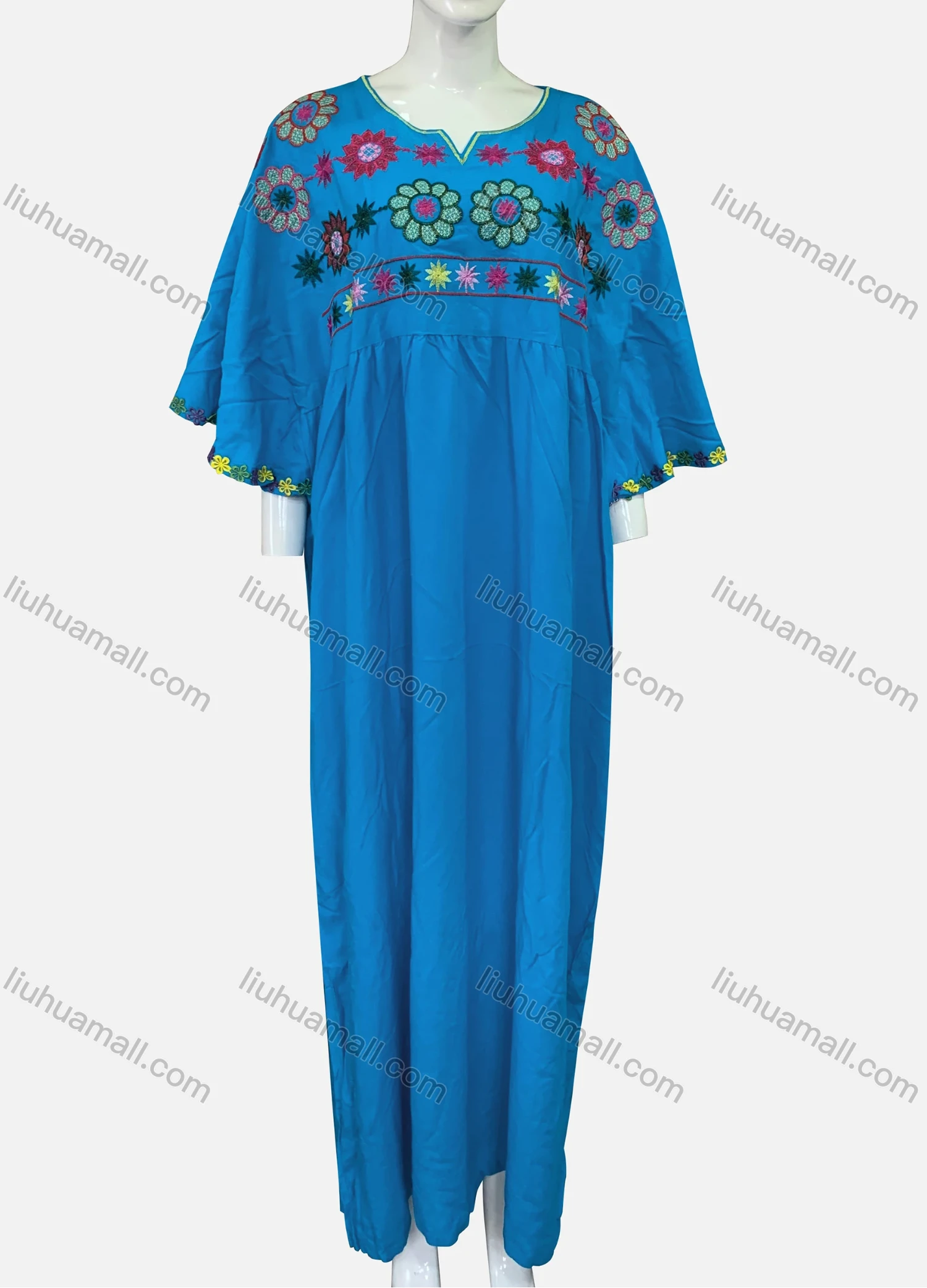 Wholesale Women's African Elegant Plus Size Notched Neck Half Sleeve Ruched Floral Embroidery Maxi Kaftan Dress XH-717S# - Liuhuamall