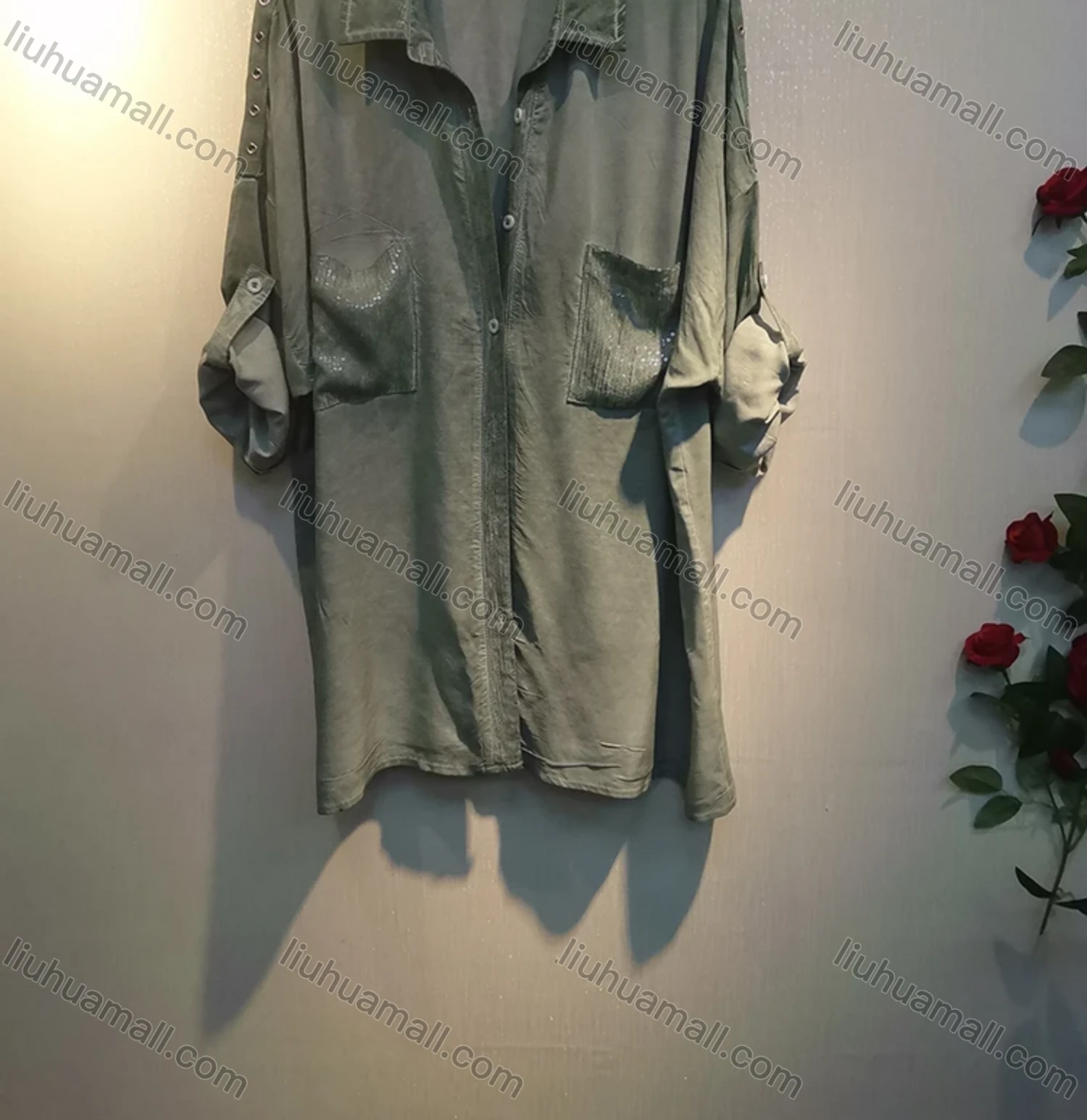 Wholesale Women's Collar Drop Shoulder Button Down Patch Pockets Sequin Decor Buckle Strap Cuff Distressed Tunic - Liuhuamall