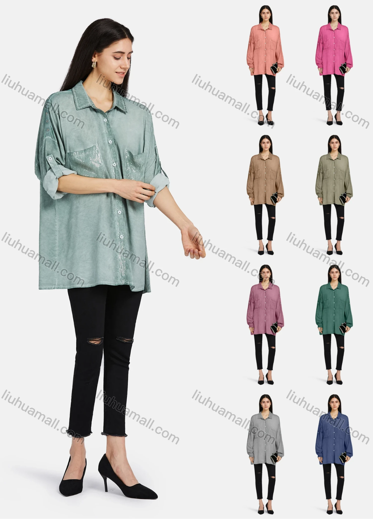 Wholesale Women's Collar Drop Shoulder Button Down Patch Pockets Sequin Decor Buckle Strap Cuff Distressed Tunic - Liuhuamall