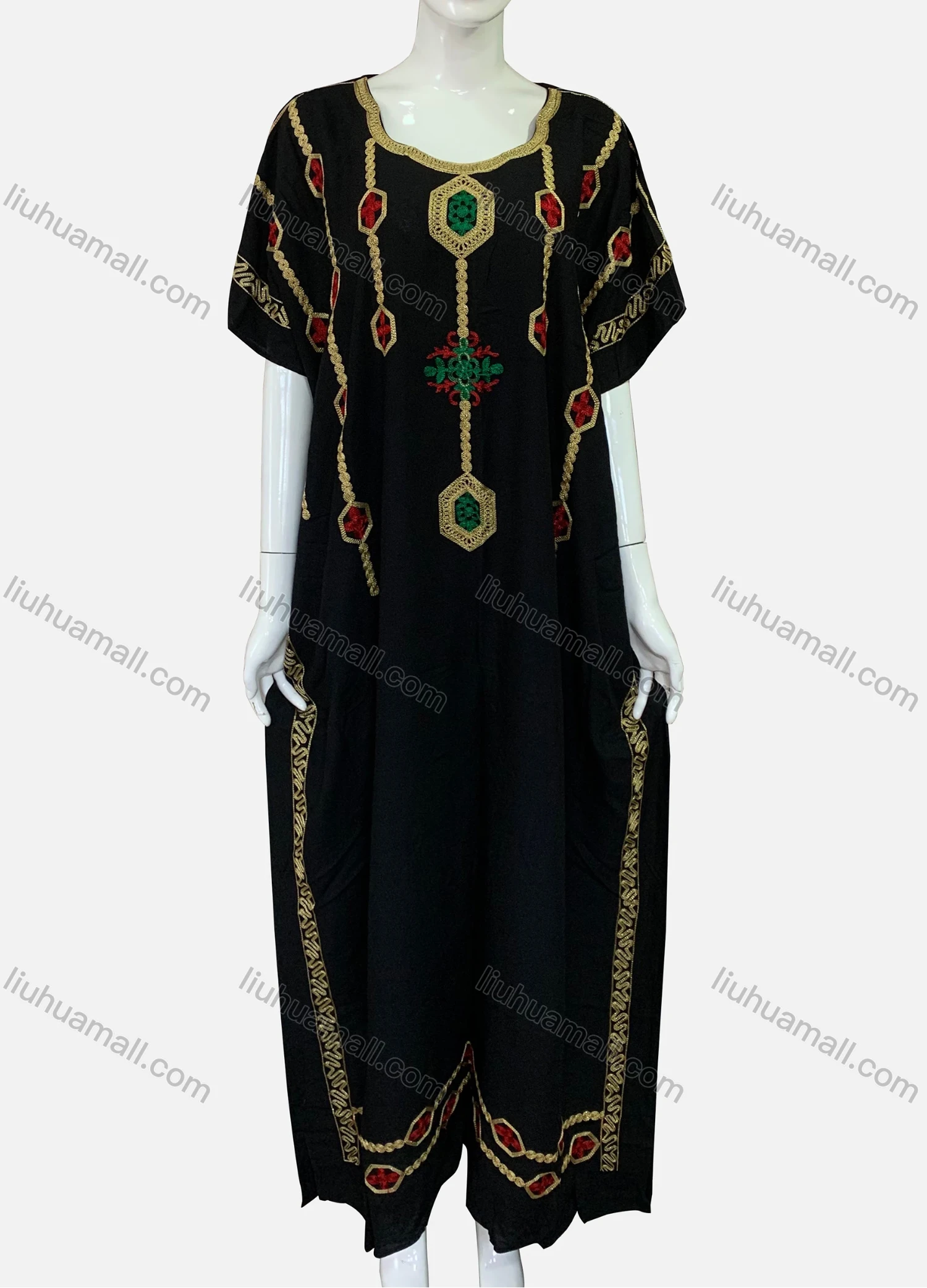 Wholesale Women's African Short Sleeve Square Neck Patch Pocket Embroidery Maxi Kaftan Dress XH-715S# - Liuhuamall