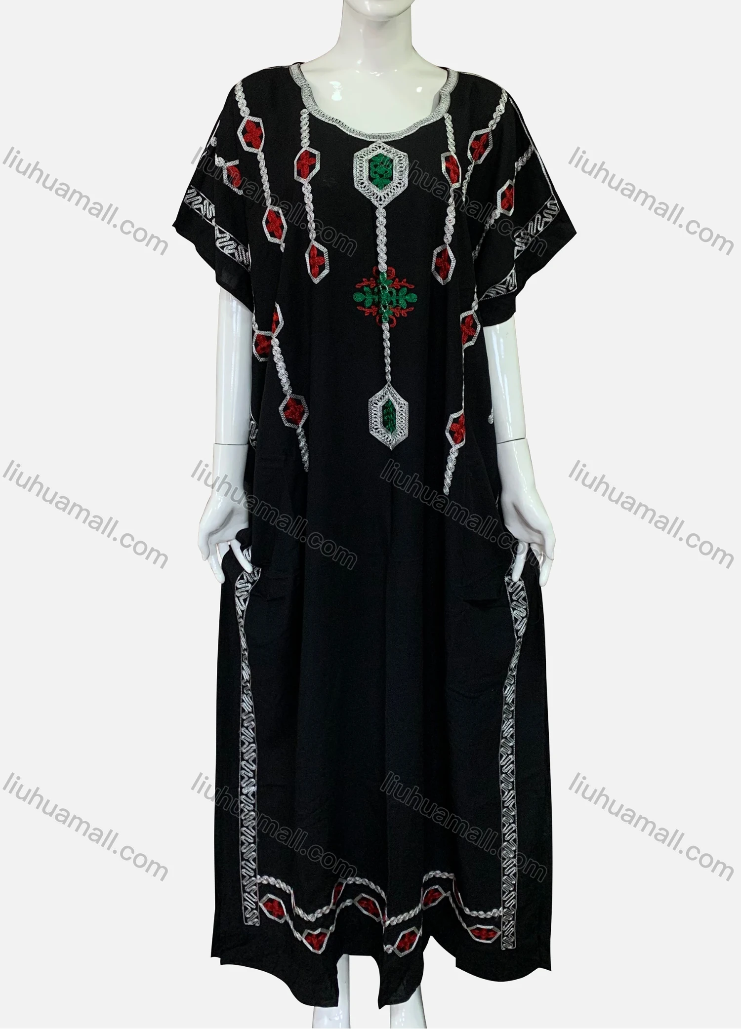 Wholesale Women's African Short Sleeve Square Neck Patch Pocket Embroidery Maxi Kaftan Dress XH-714S# - Liuhuamall