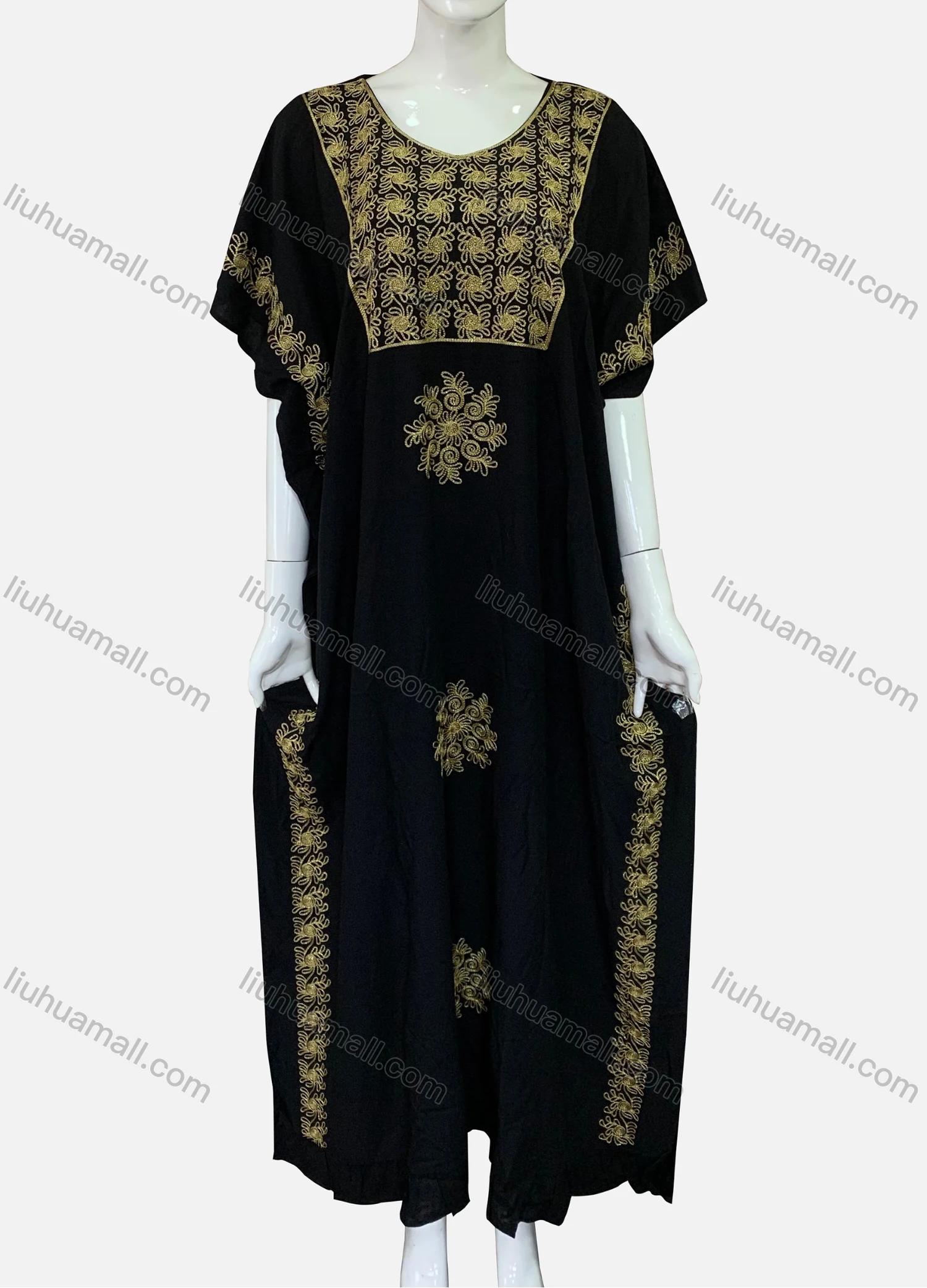 Wholesale Women's African Batwing Sleeve Folk Art Round Neck Patch Pocket Embroidery Maxi Kaftan Dress XH-713S# - Liuhuamall