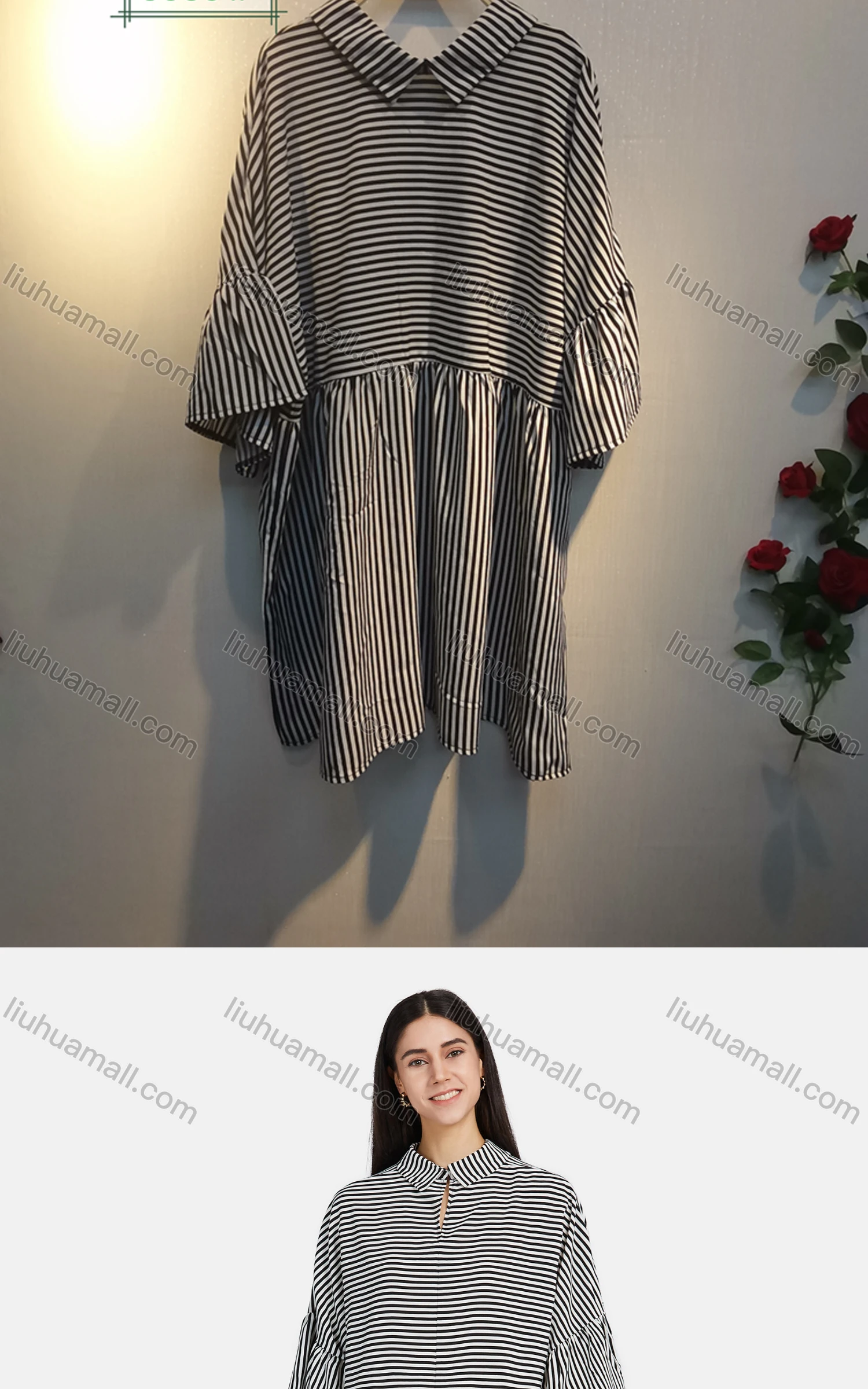 Wholesale Women's Loose Fit Keyhole Neck Flounce Sleeve Stripe Print Short Dress 8635# - Liuhuamall