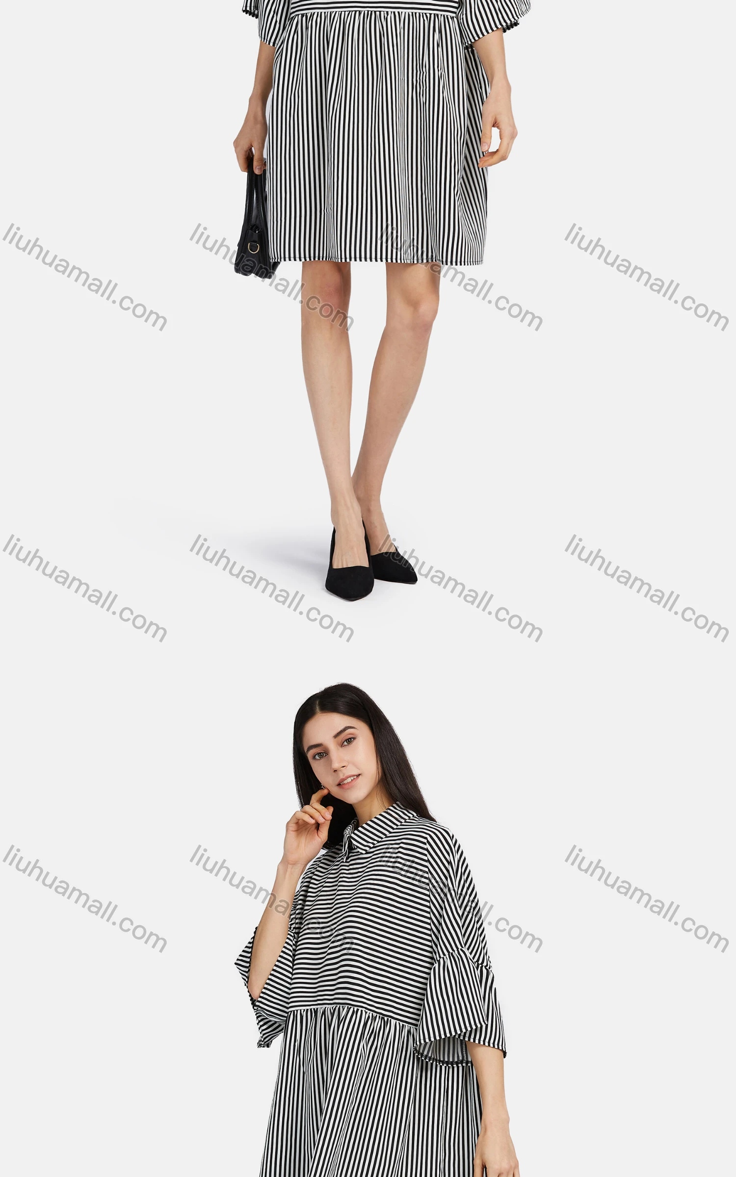 Wholesale Women's Loose Fit Keyhole Neck Flounce Sleeve Stripe Print Short Dress 8635# - Liuhuamall