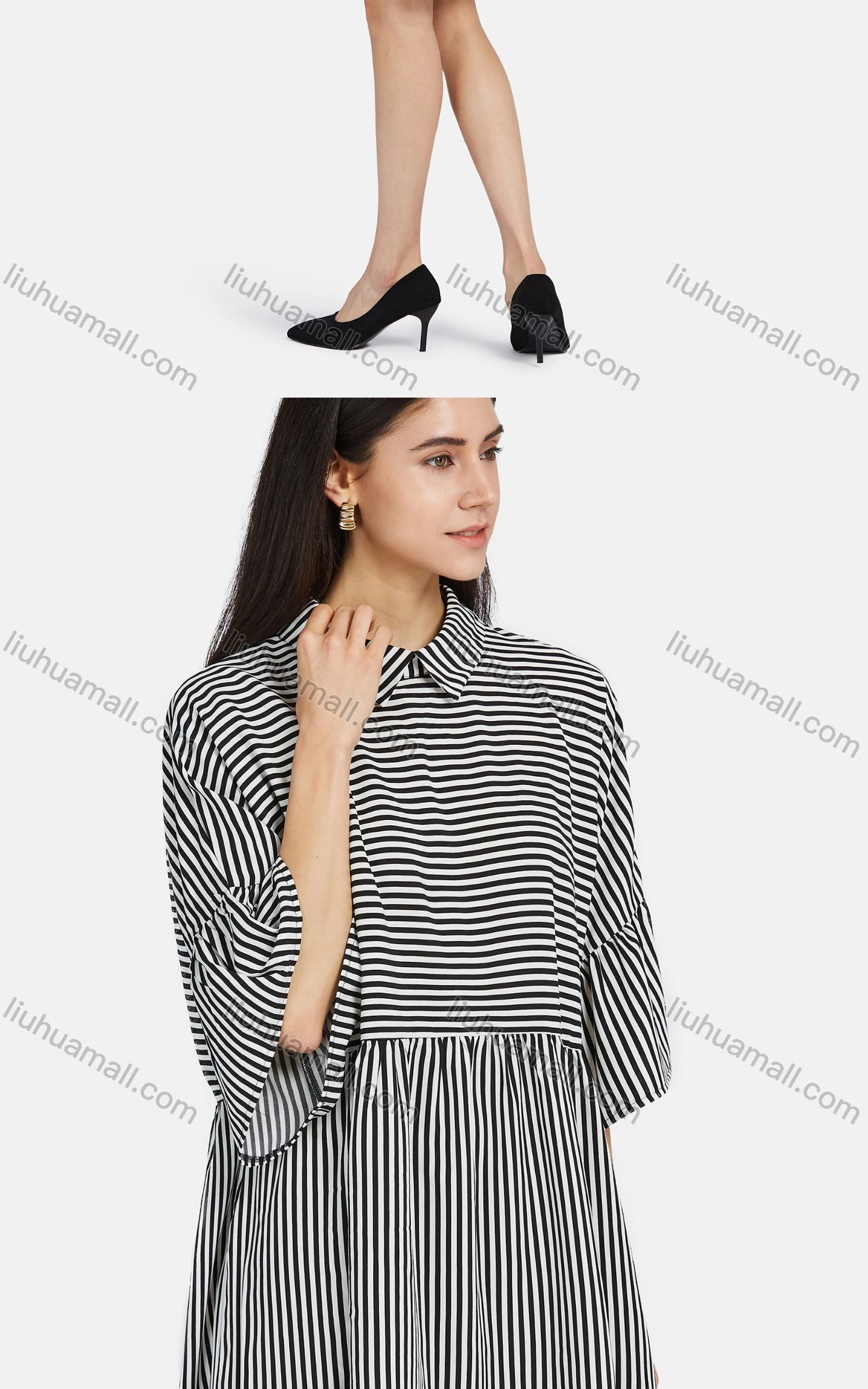 Wholesale Women's Loose Fit Keyhole Neck Flounce Sleeve Stripe Print Short Dress 8635# - Liuhuamall